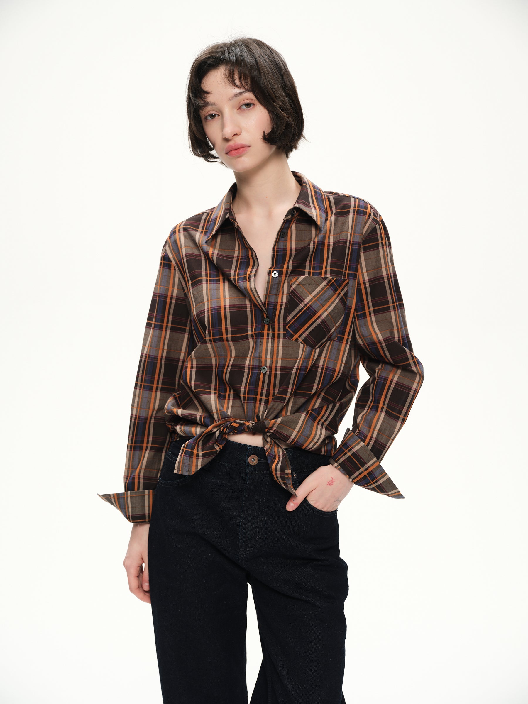 Casual check long-sleeved shirt orange brown plaid