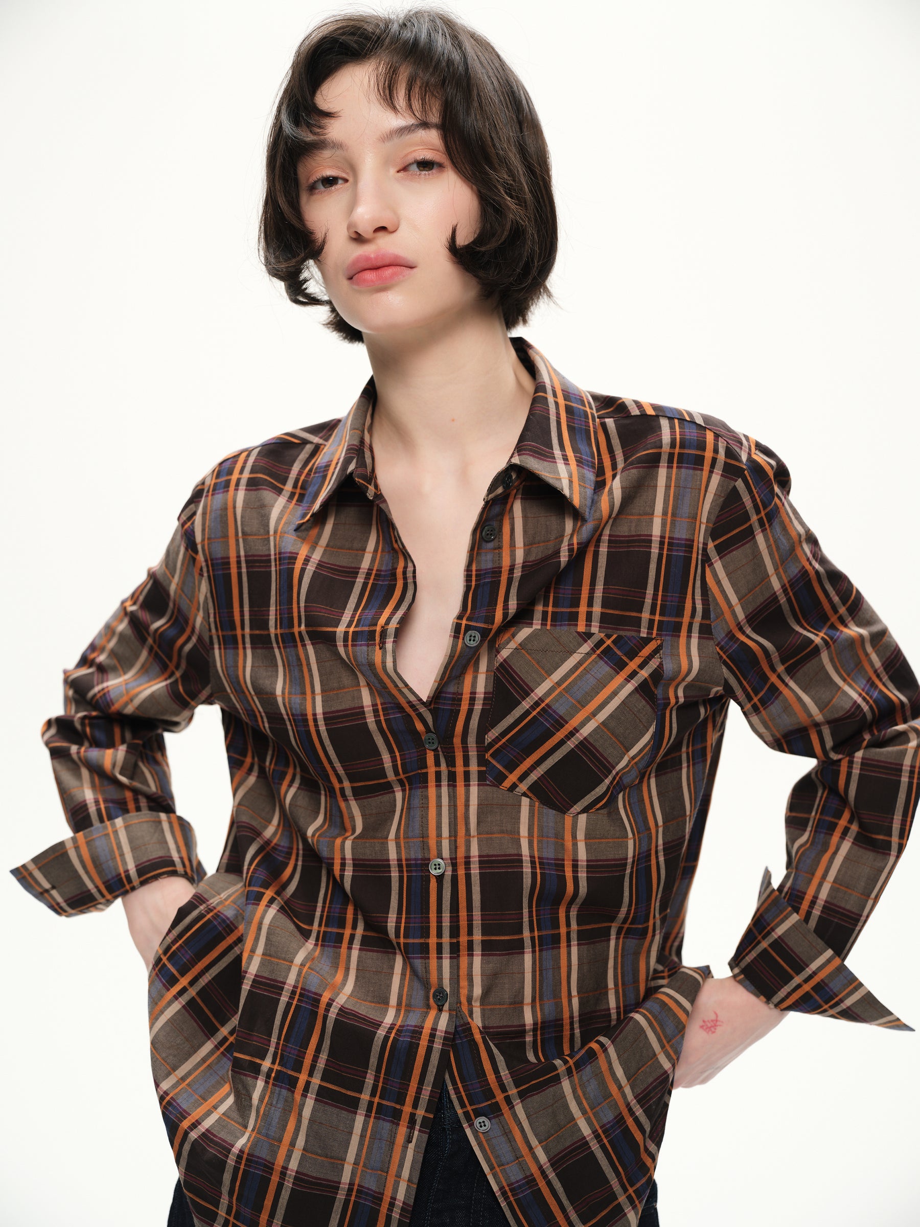 Casual check long-sleeved shirt orange brown plaid