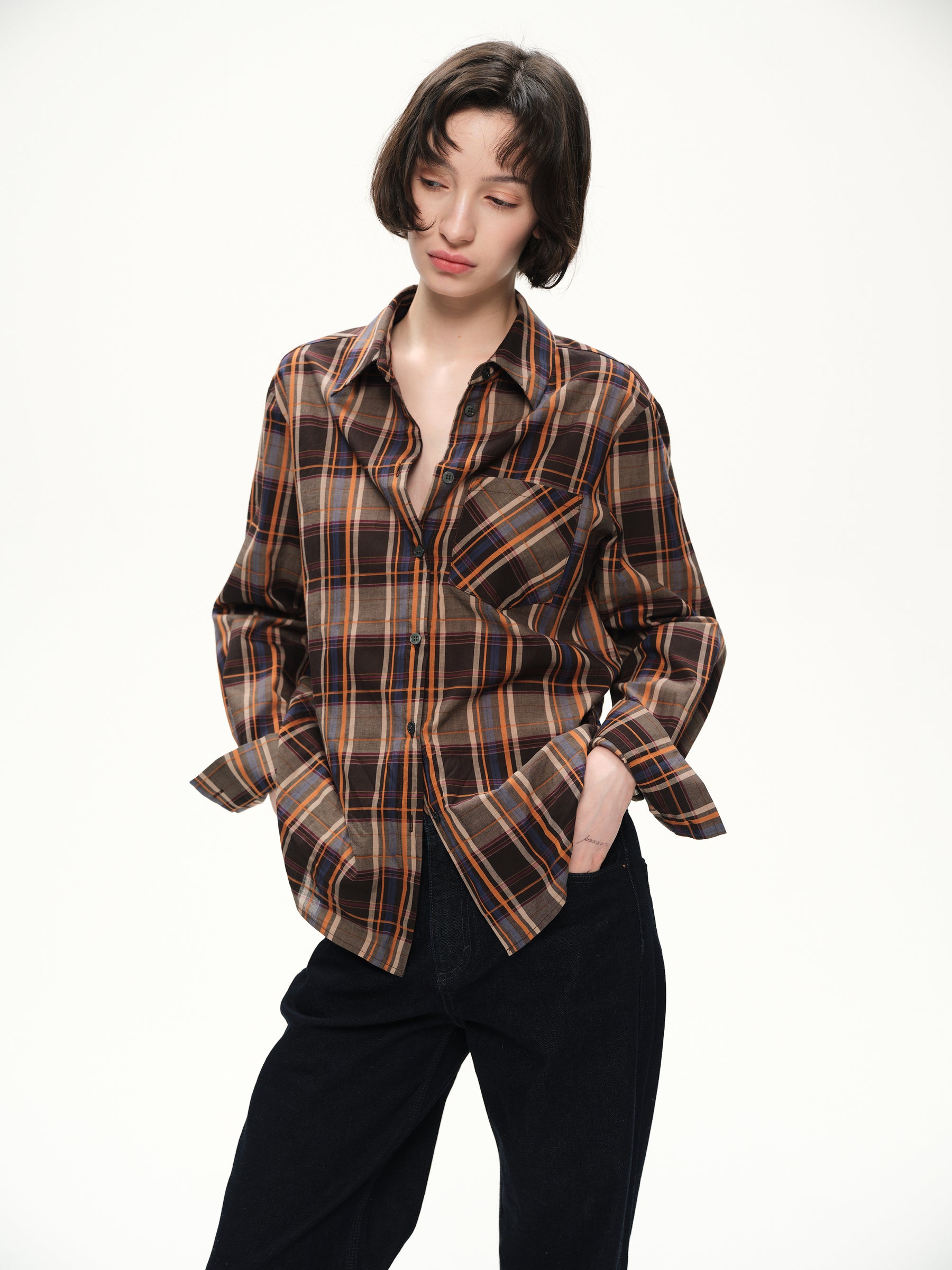Casual check long-sleeved shirt orange brown plaid