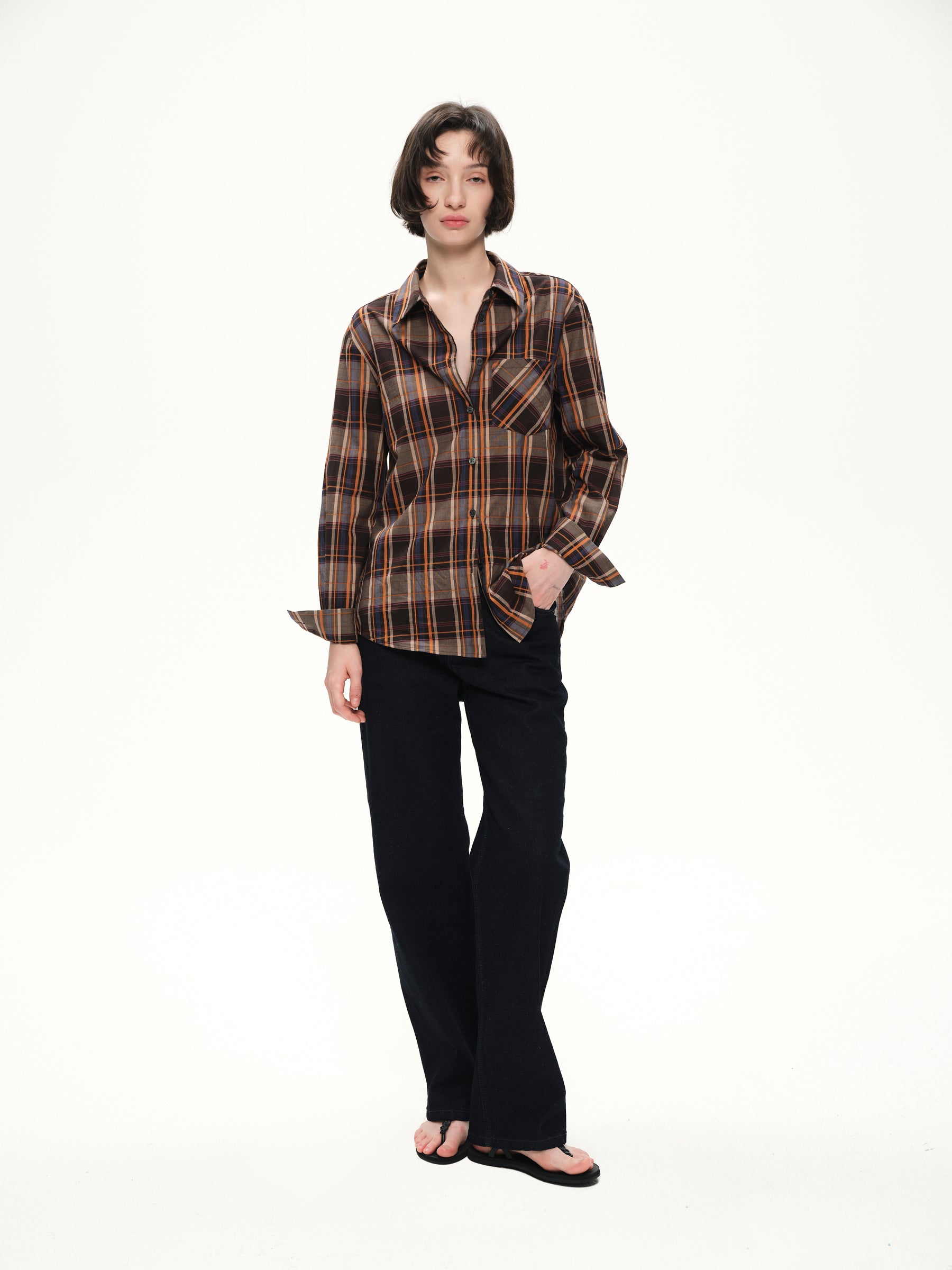 Casual check long-sleeved shirt orange brown plaid