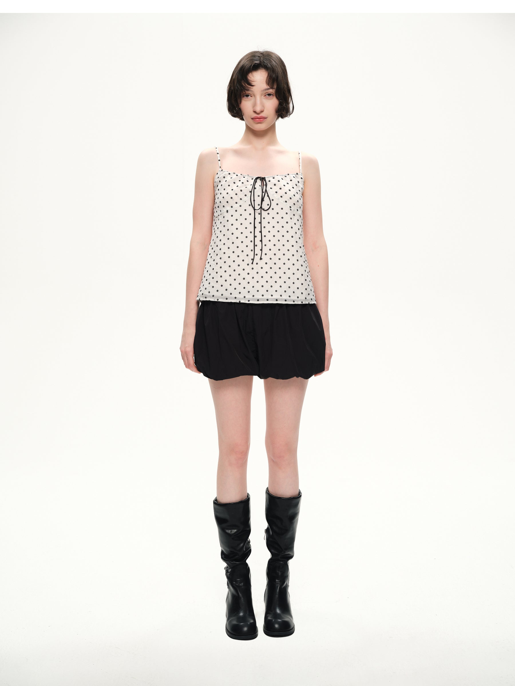 Suede flower pattern drawstring halter-neck dress white