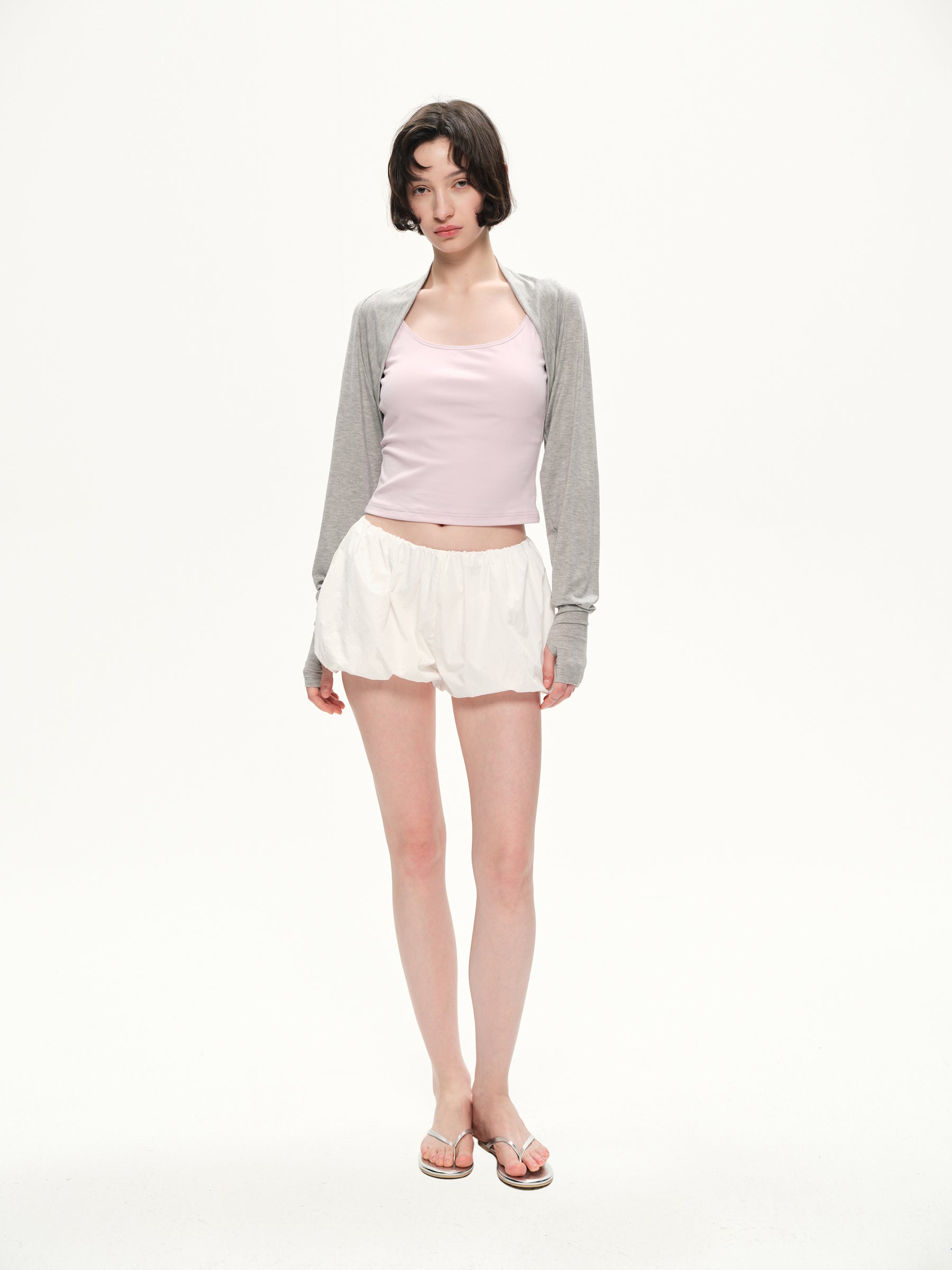 Elastic belt lantern shape short skirt pants white
