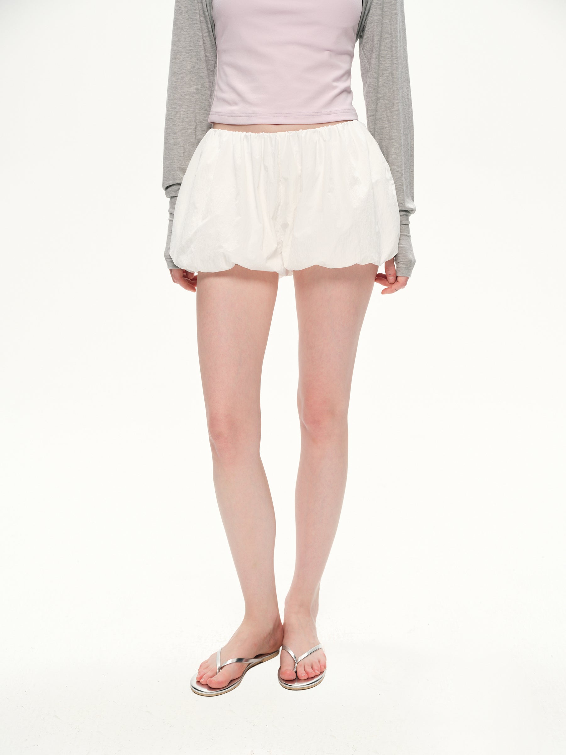 Elastic belt lantern shape short skirt pants white