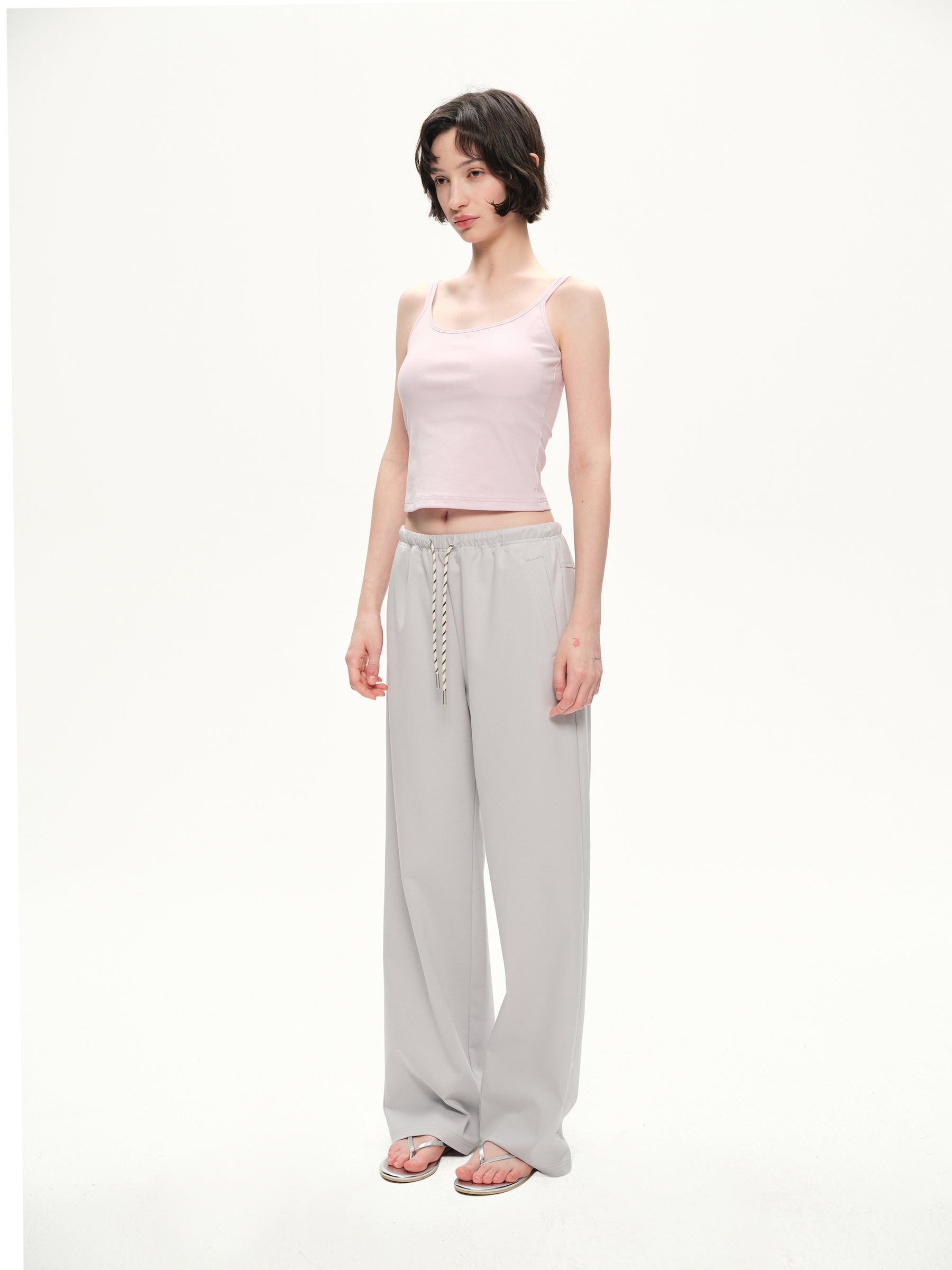 Elastic belt beltdrawstring casual jogger pants smoky gray