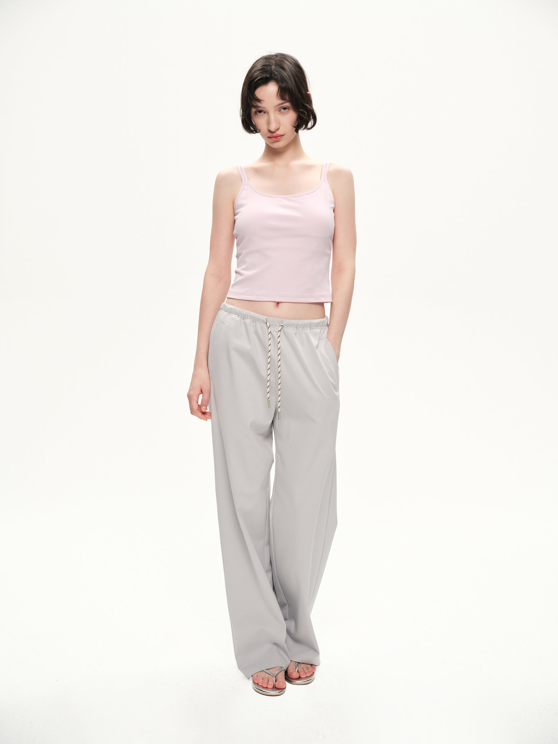 Elastic belt beltdrawstring casual jogger pants smoky gray