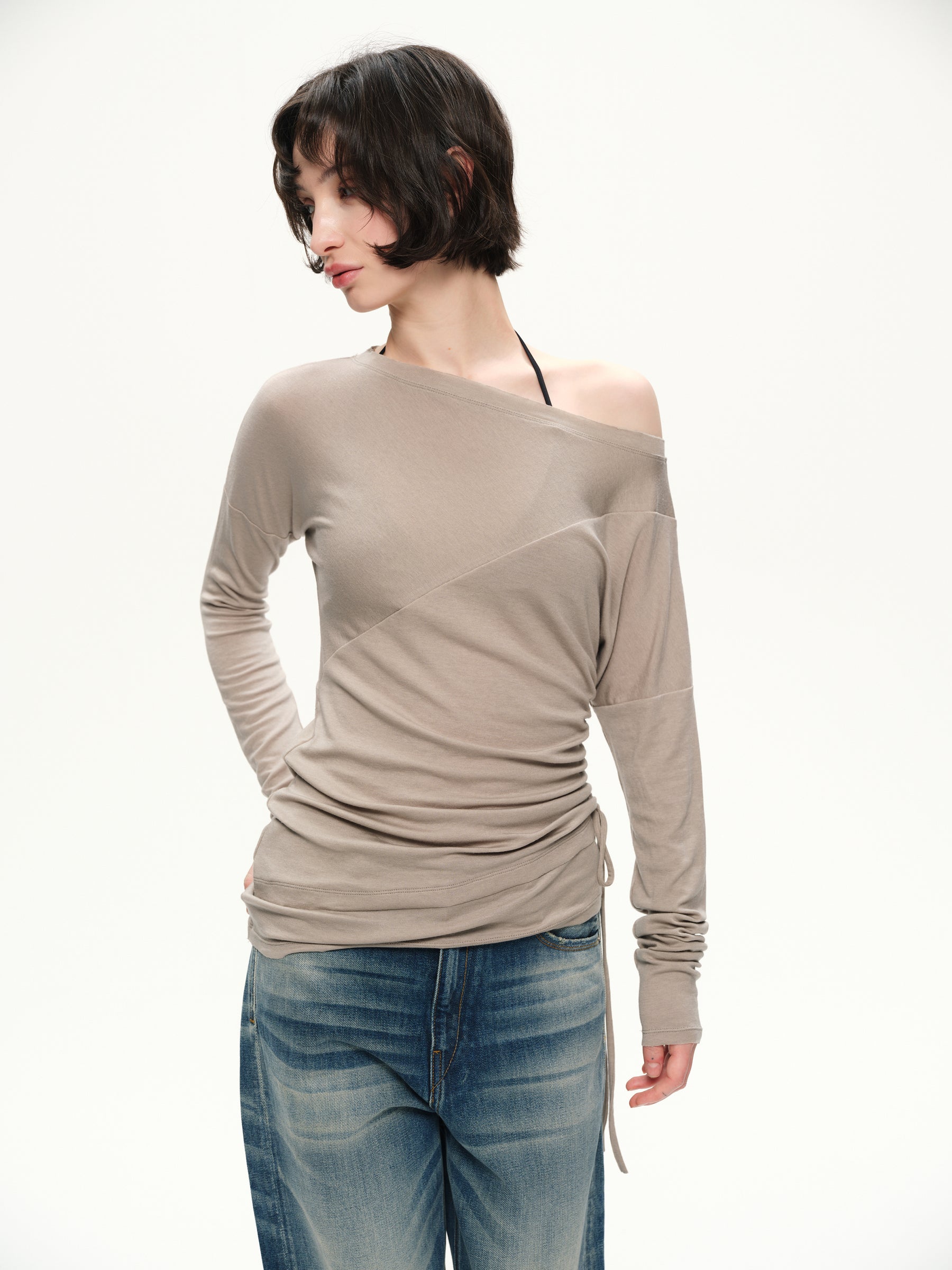 Silk wool boat-neck wide-sleeved side drawstring T-shirt gray