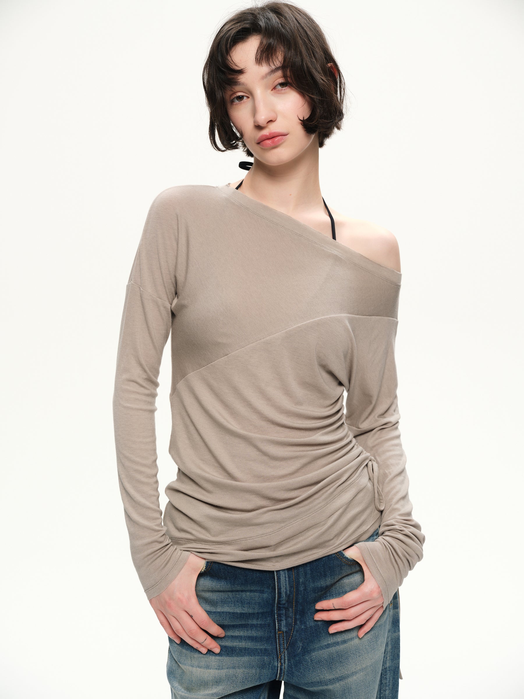 Silk wool boat-neck wide-sleeved side drawstring T-shirt gray