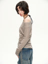 Silk wool boat-neck wide-sleeved side drawstring T-shirt gray
