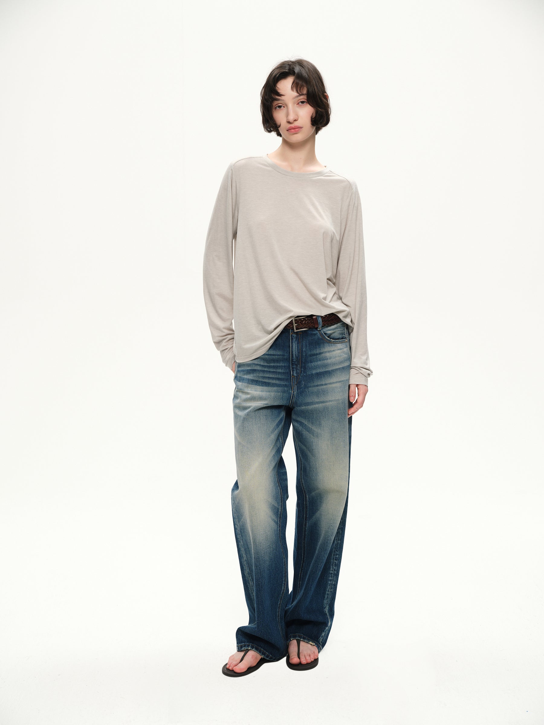 Lyocell wool shoulder cuff design  soft texture T-shirt light gray