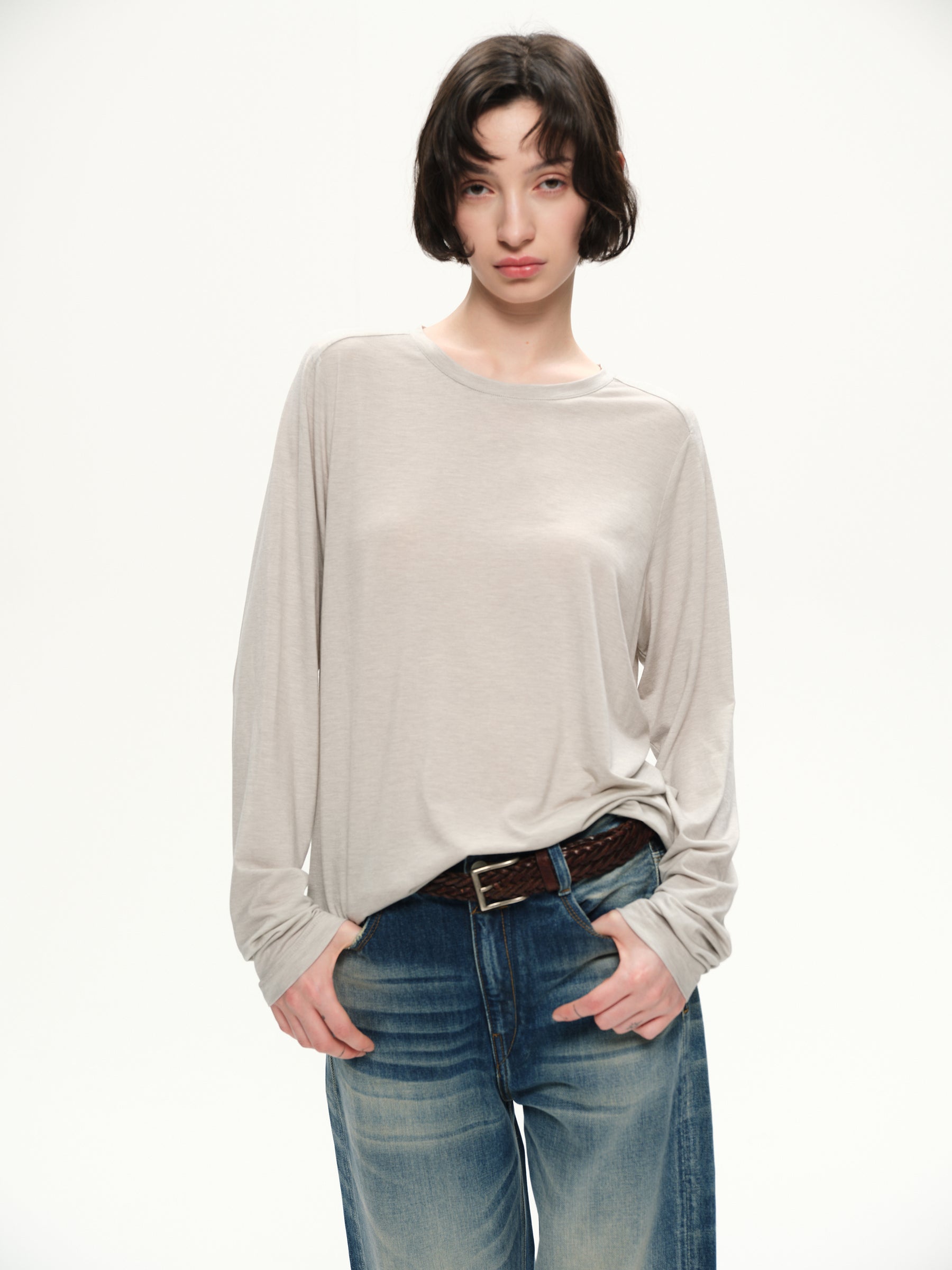 Lyocell wool shoulder cuff design  soft texture T-shirt light gray