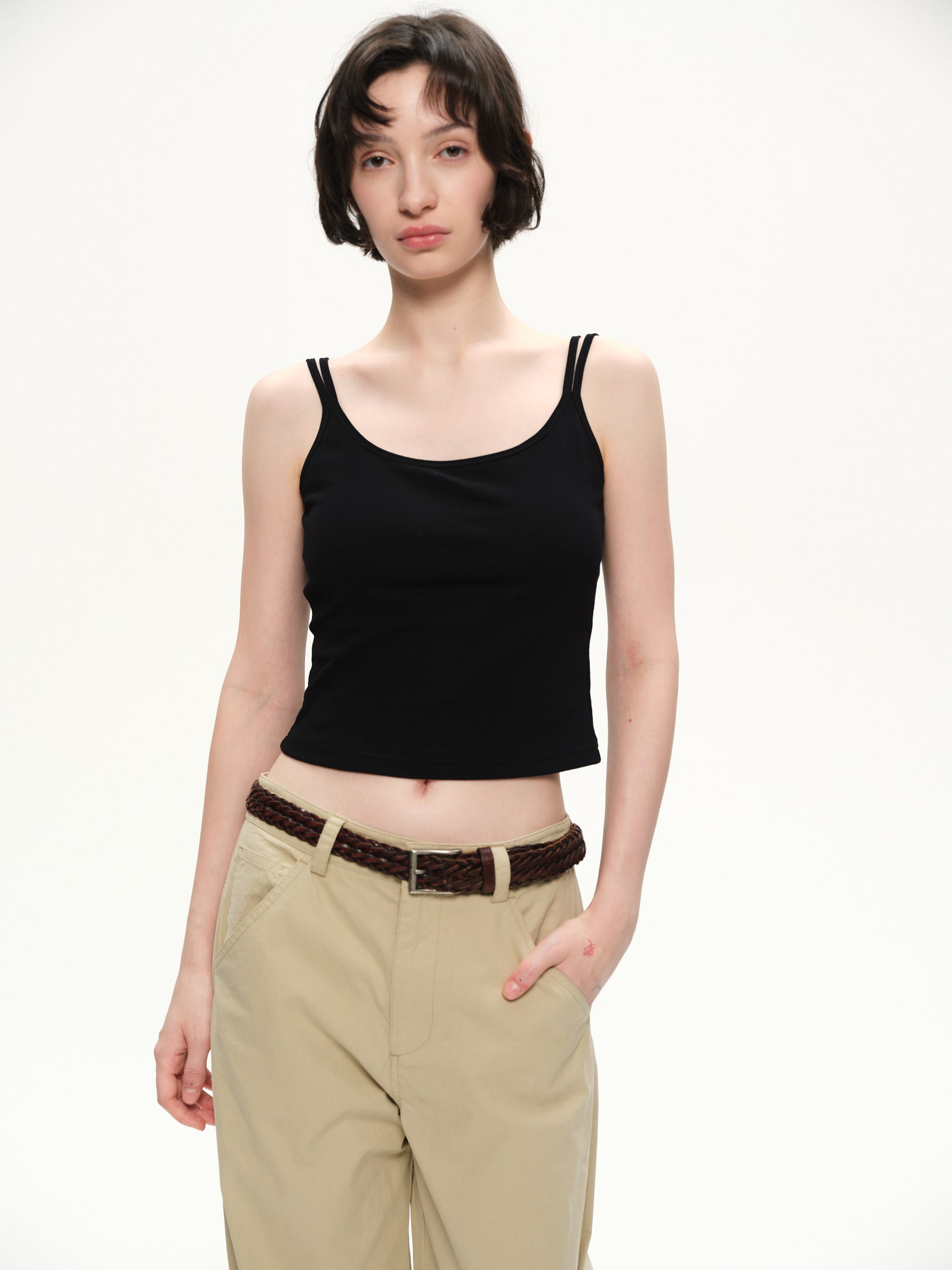 Double shoulder strap fitted halter-neck dress black