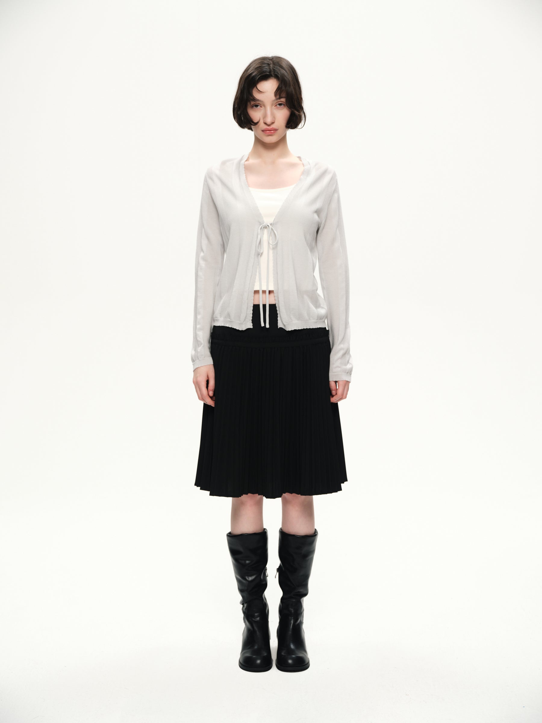 Texture hollow-carved design slim-fit cardigan light gray