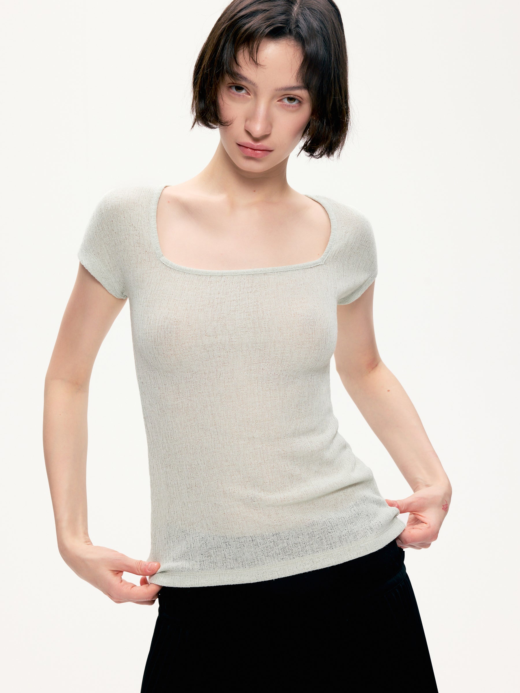 Flax blending trim fit square neck T-shirt jade-green