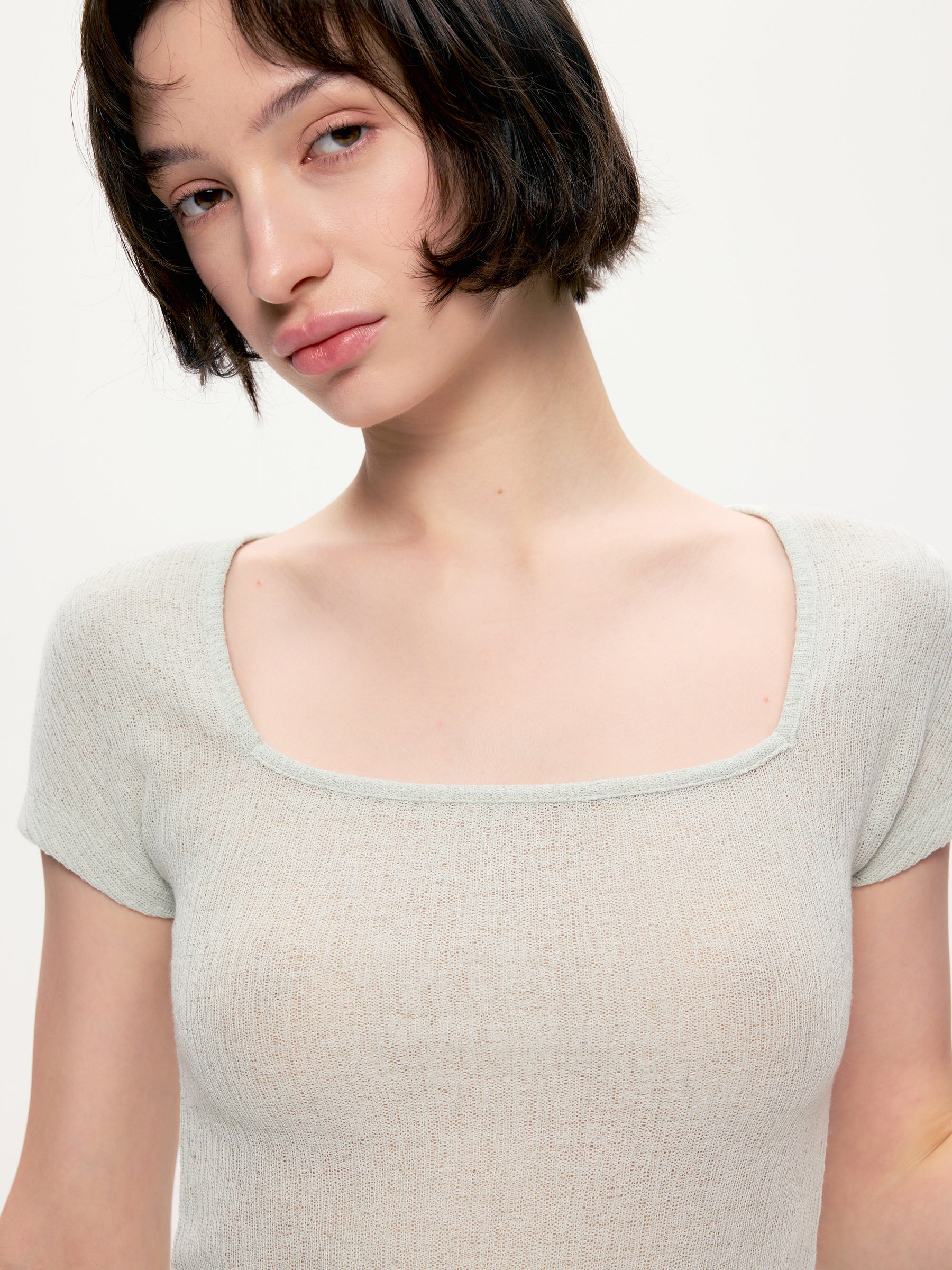 Flax blending trim fit square neck T-shirt jade-green
