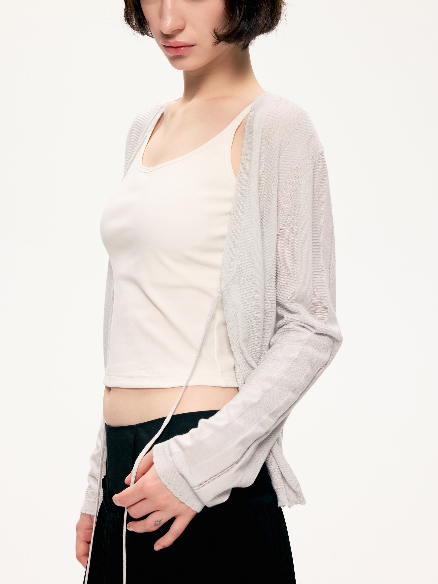 Texture hollow-carved design slim-fit cardigan light gray