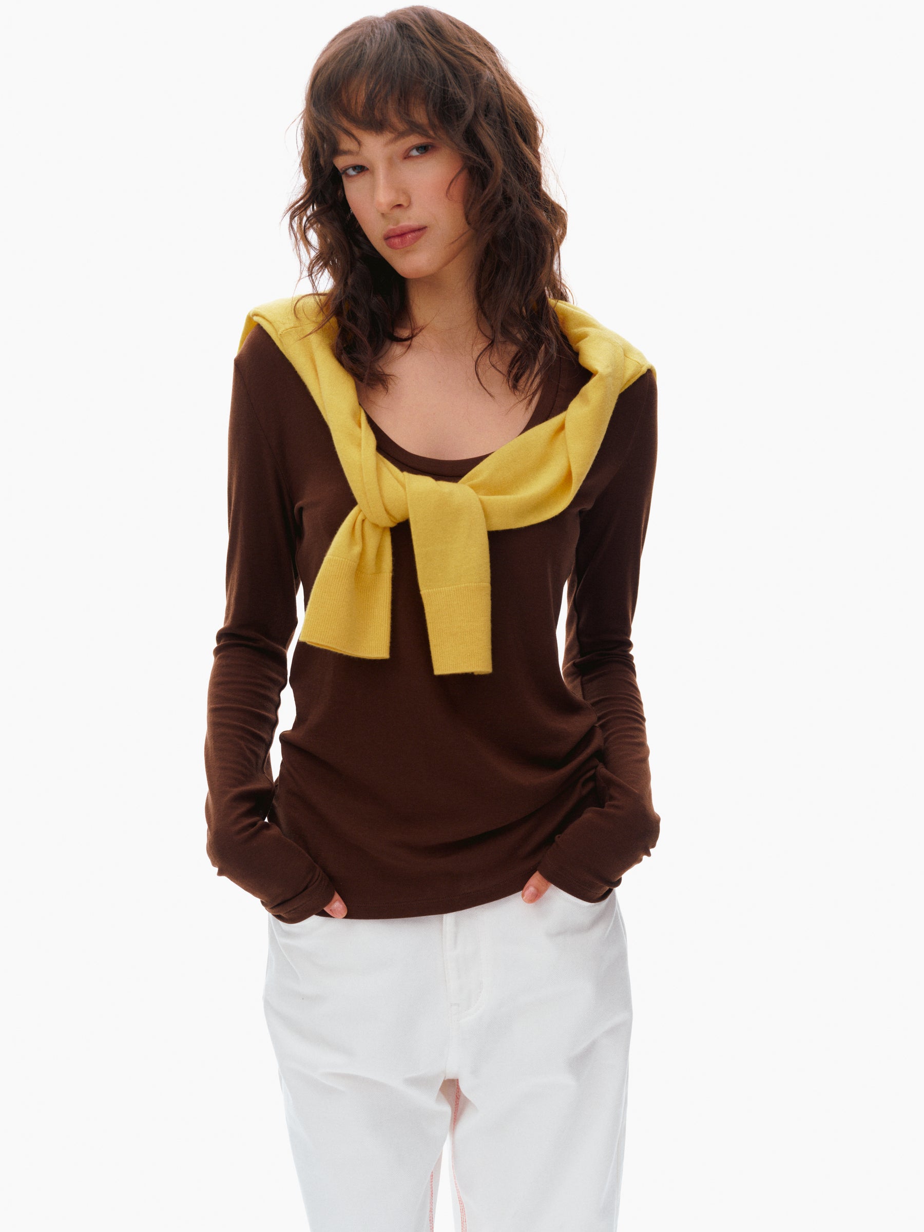 Wool Blend U-Neck Essential Long-Sleeve T-Shirt brown