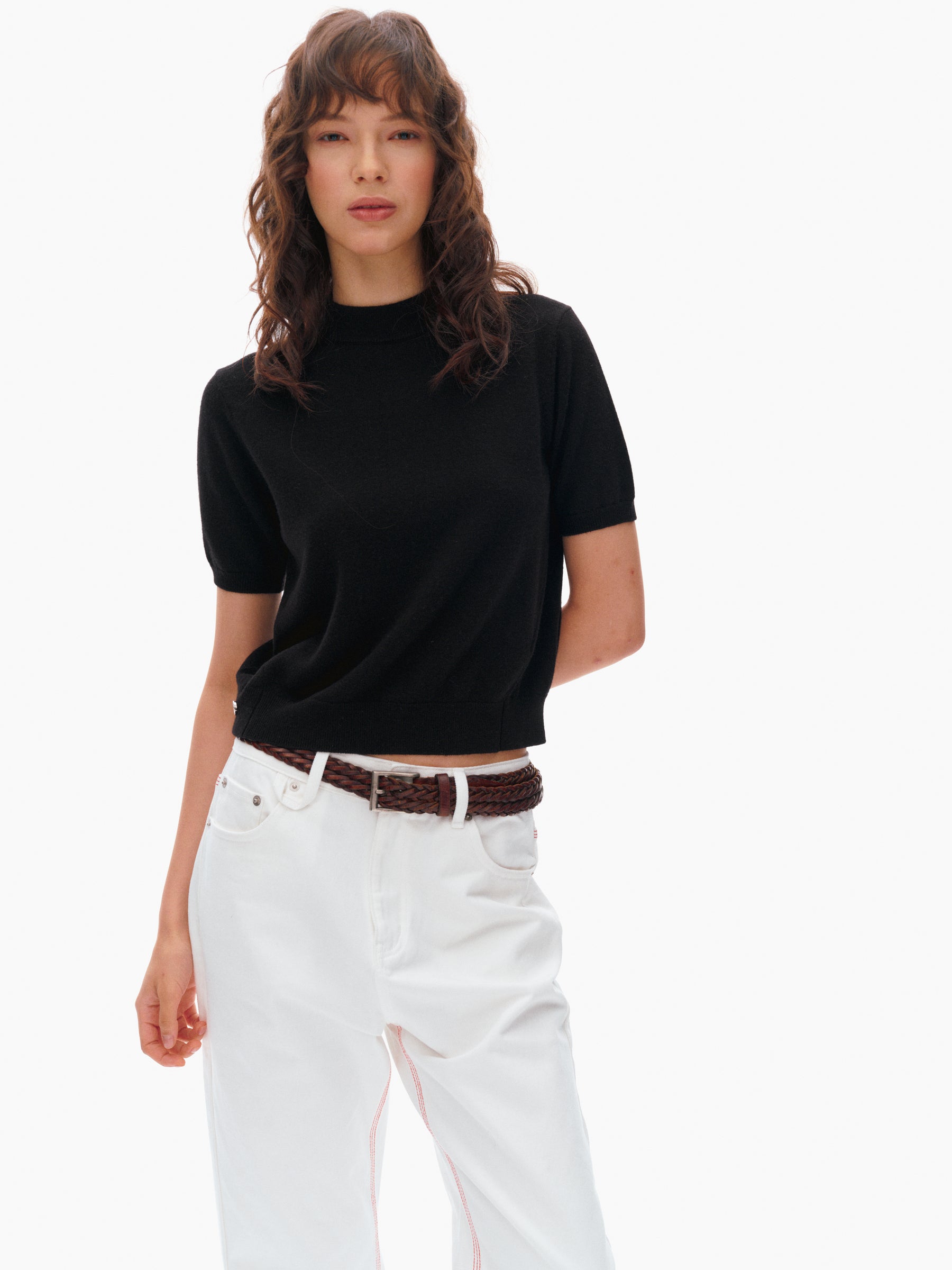 100% Wool Mock Neck Brushed Knit Short-Sleeve Top black