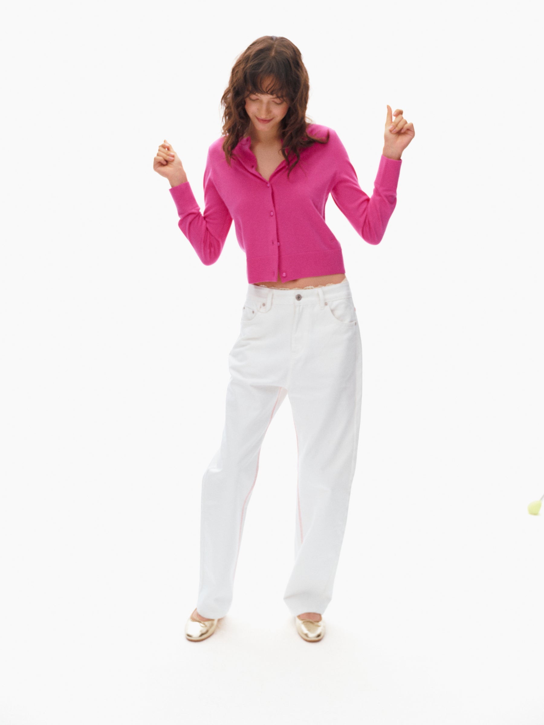 100% Wool Cropped Button-Front Knit Cardigan hot pink