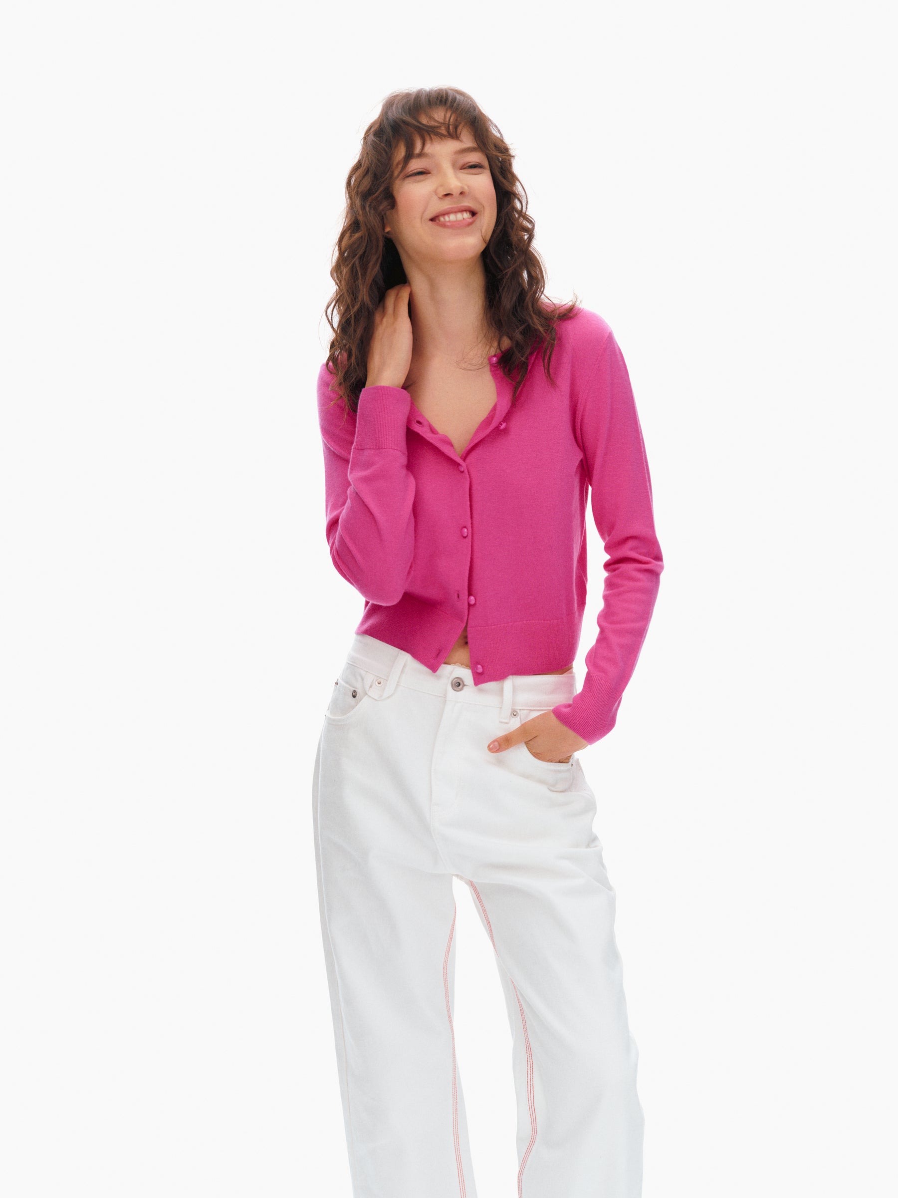 100% Wool Cropped Button-Front Knit Cardigan hot pink