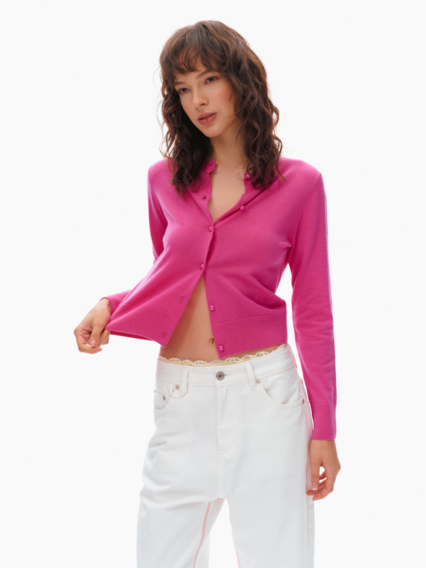 100% Wool Cropped Button-Front Knit Cardigan hot pink