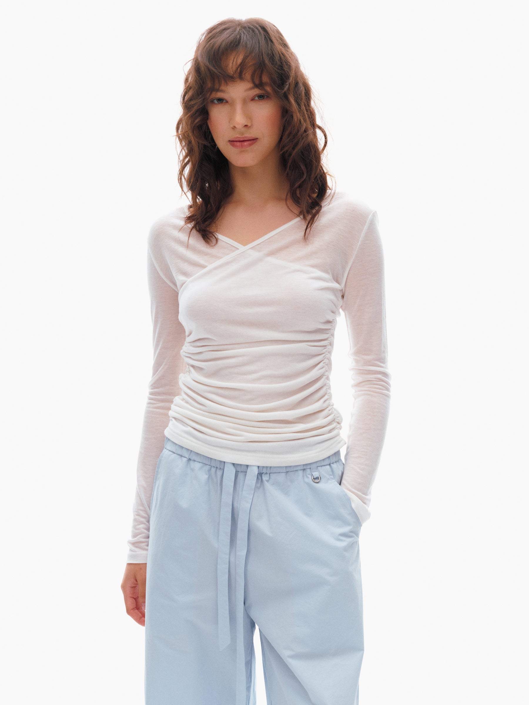 Wool Blend Asymmetric Neck Slim Fit Crinkle Lightweight Long-Sleeve Tee white