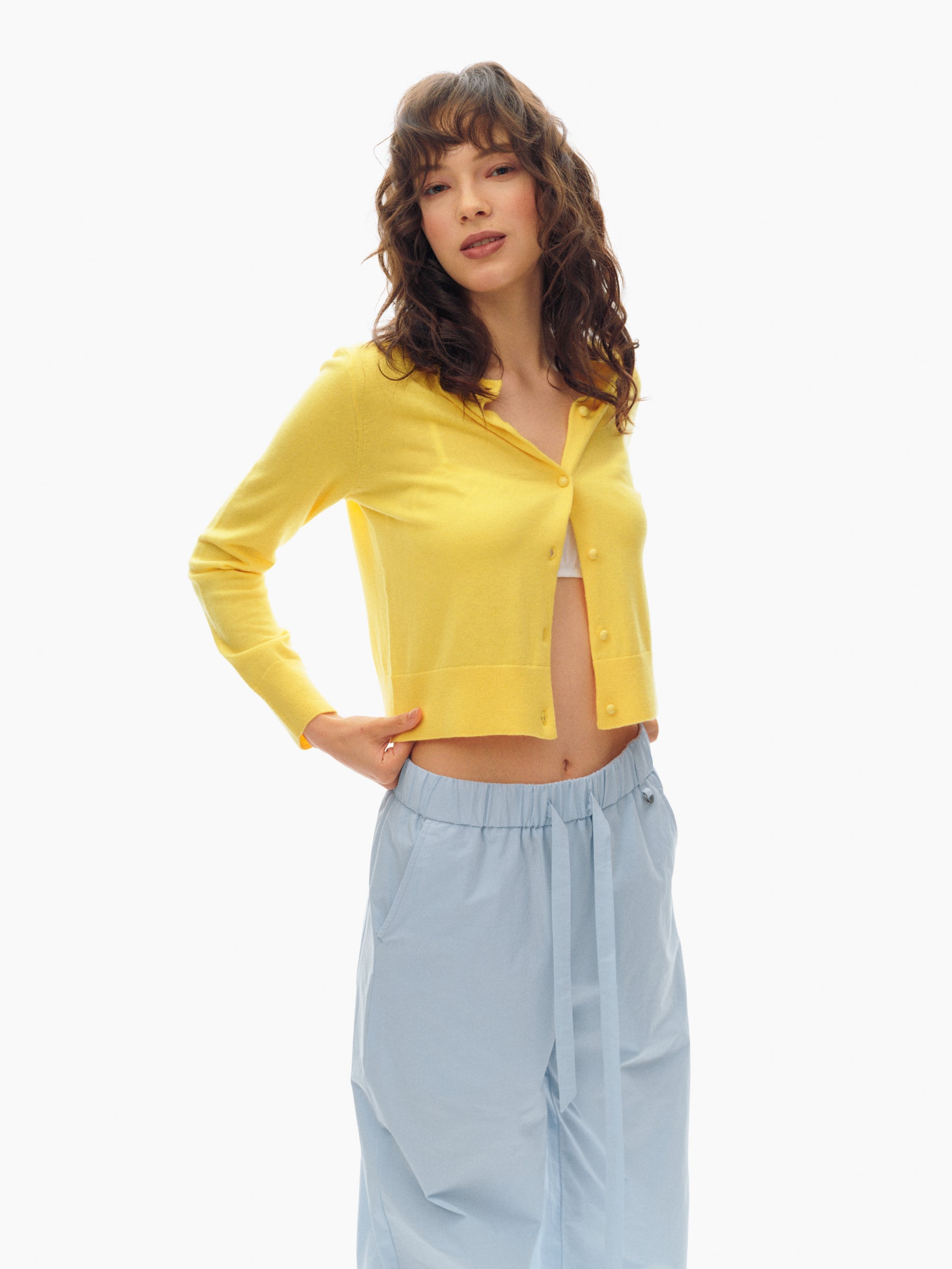 100% Wool Cropped Button-Front Knit Cardigan bright yellow