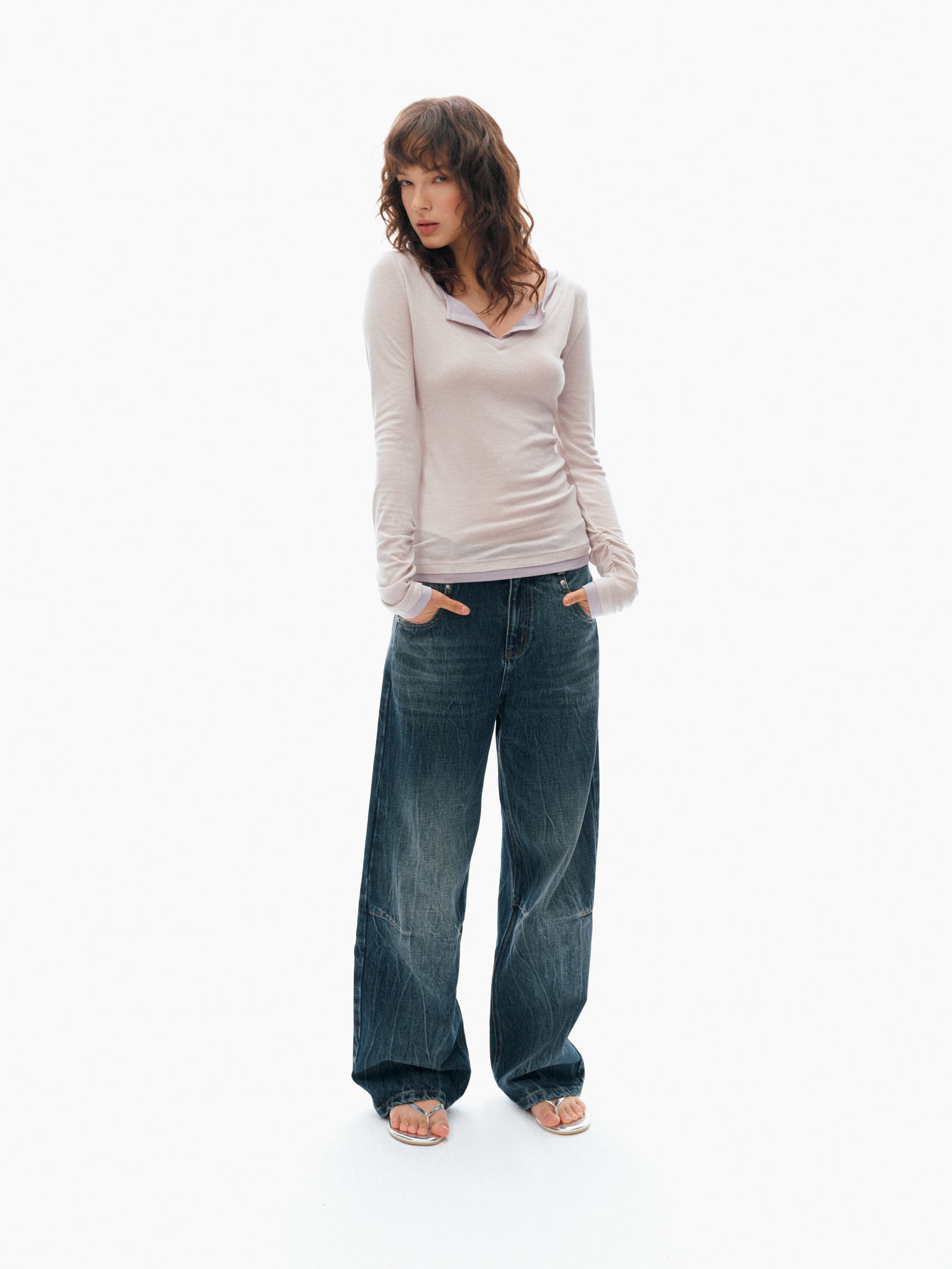 Wool Blend V-Neck Color-Block Fake Two-Piece Slim Fit Long-Sleeve Top dusty lavender