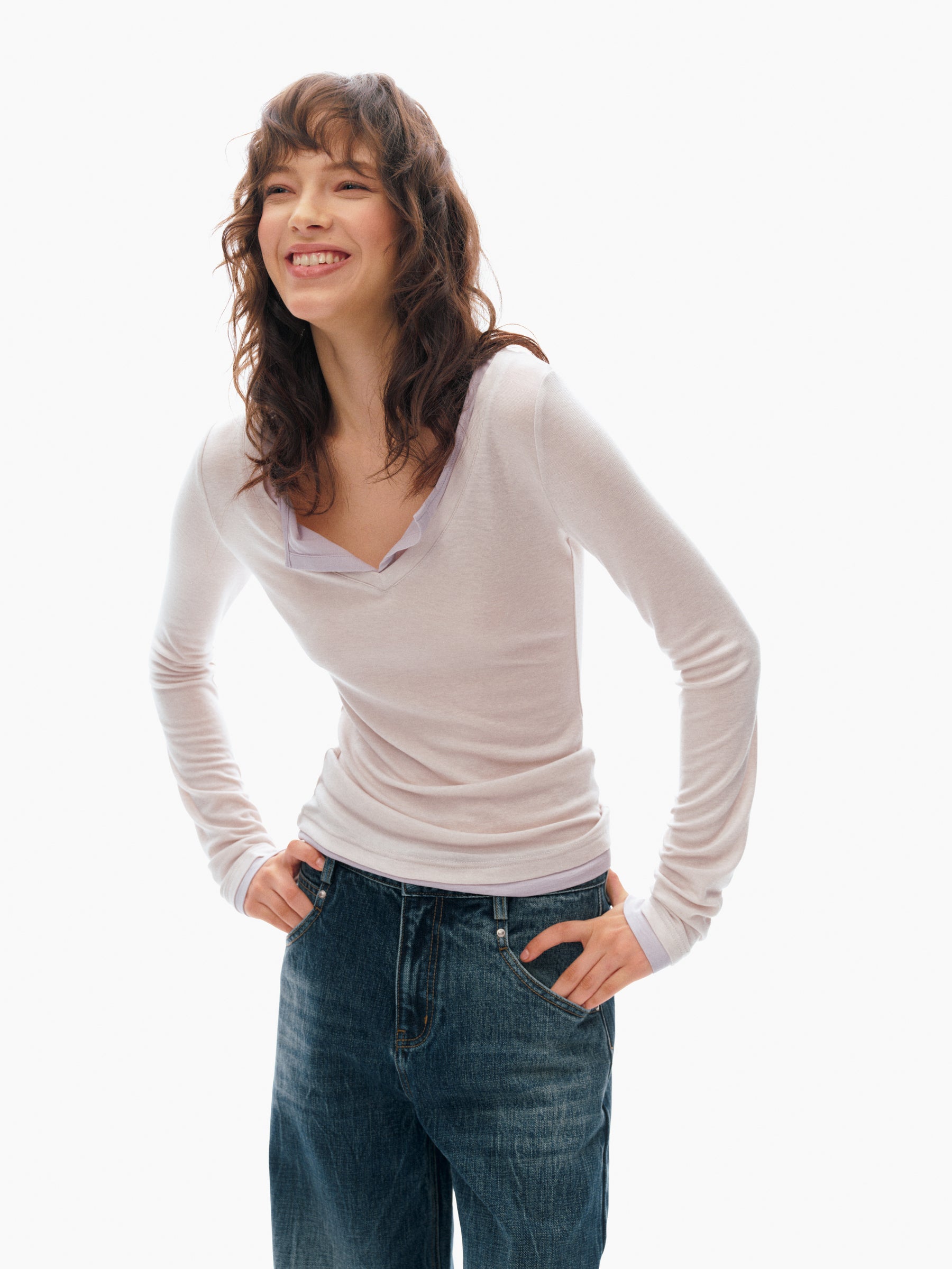Wool Blend V-Neck Color-Block Fake Two-Piece Slim Fit Long-Sleeve Top dusty lavender