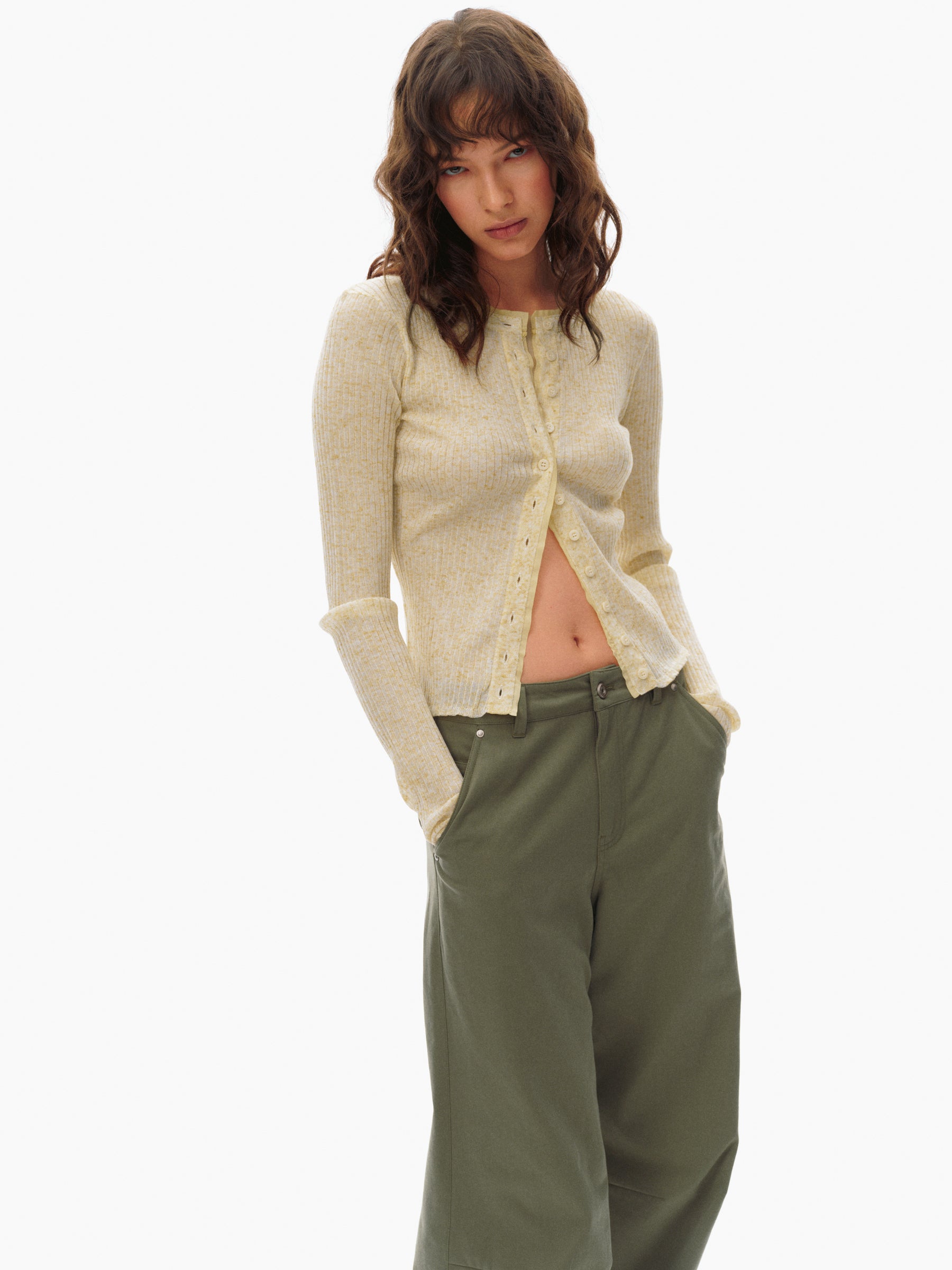 Linen Blend Sheer Knit Paneled Long-Sleeve Cardigan light yellow