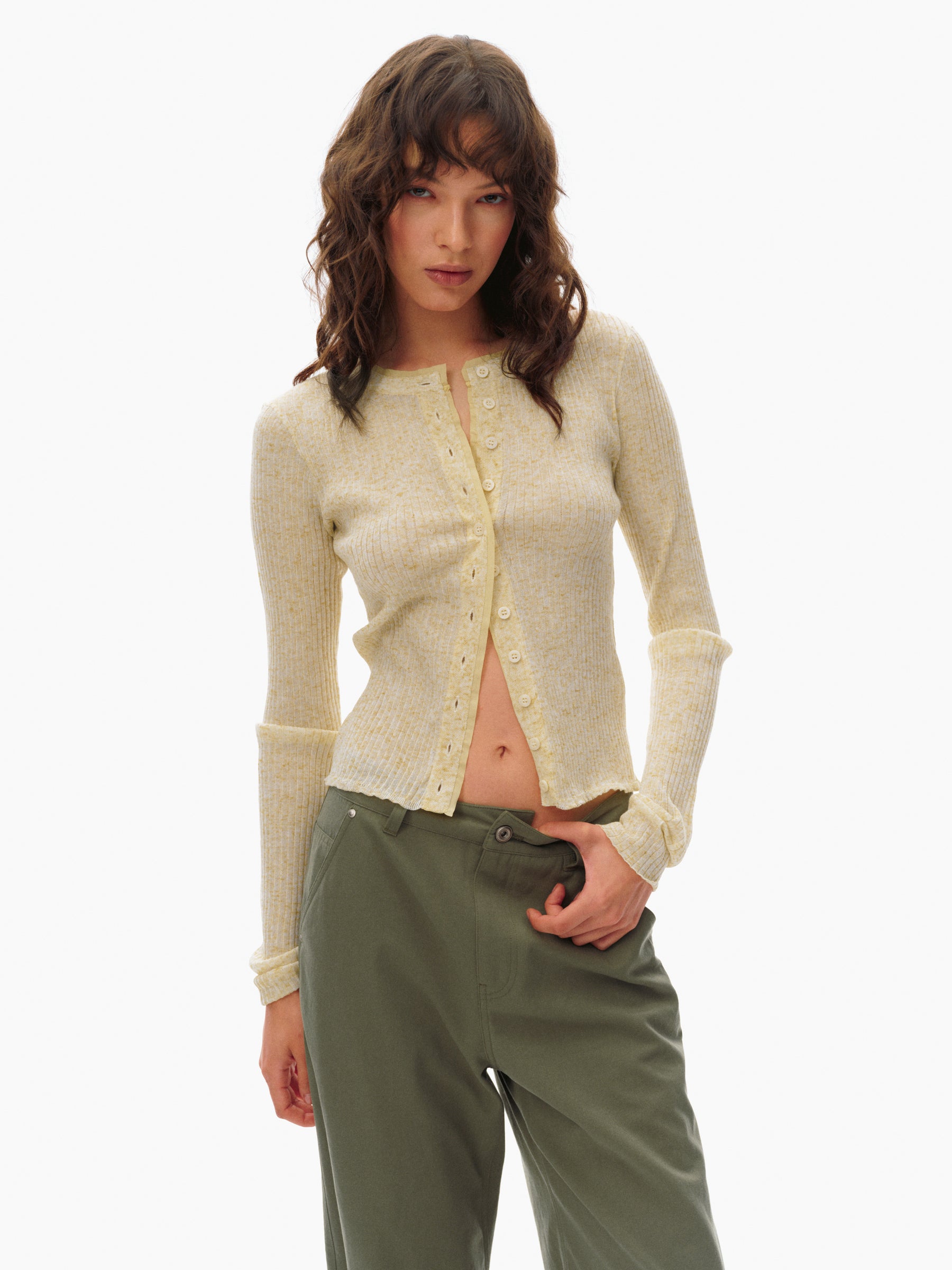Linen Blend Sheer Knit Paneled Long-Sleeve Cardigan light yellow