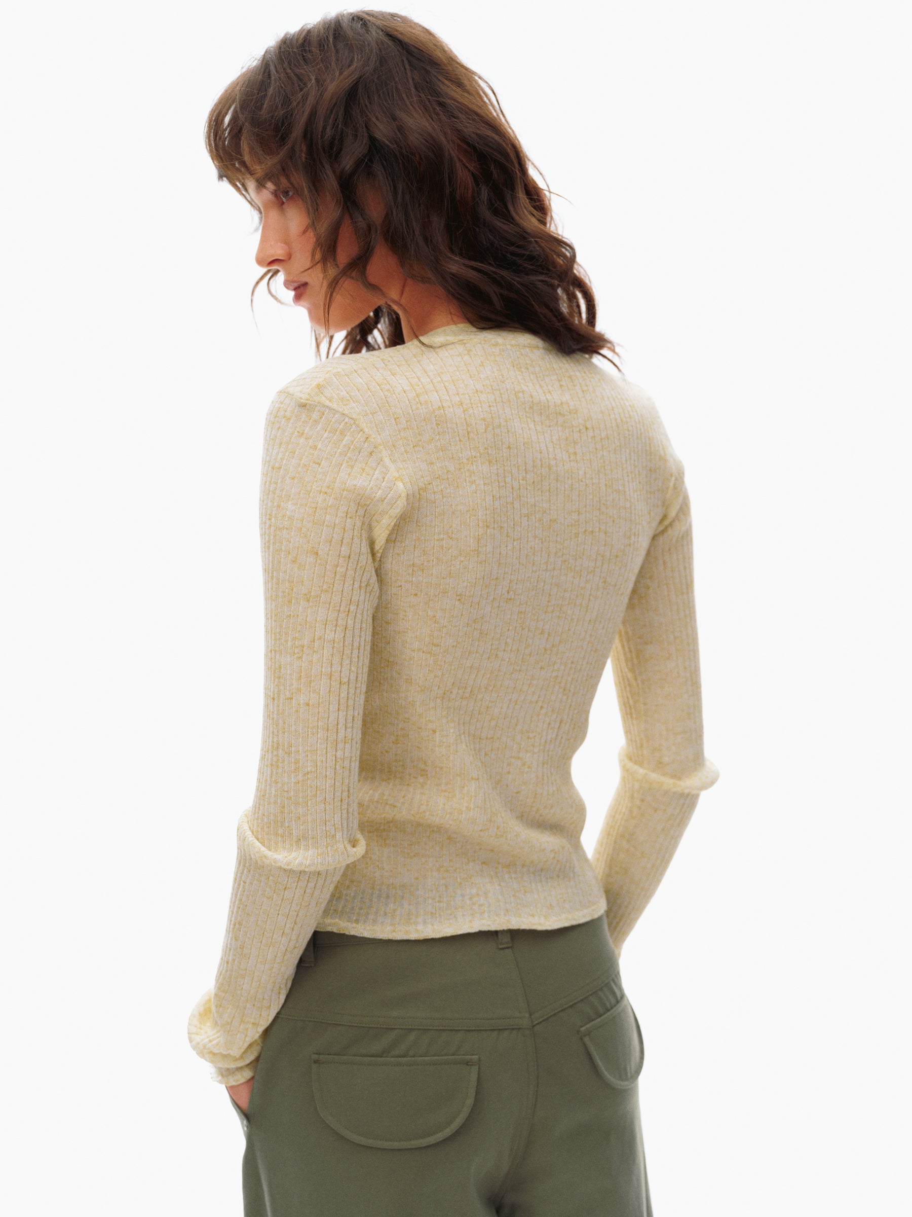 Linen Blend Sheer Knit Paneled Long-Sleeve Cardigan light yellow