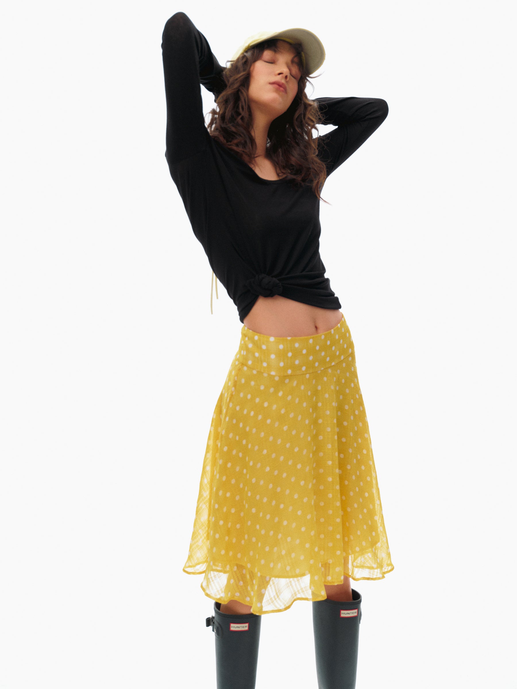 Polka Dot Print Flowy A-Line Midi Skirt yellow