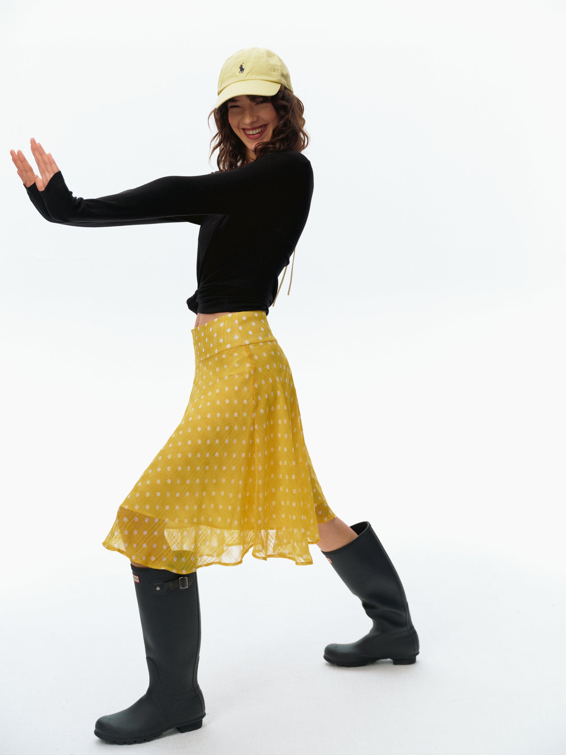 Polka Dot Print Flowy A-Line Midi Skirt yellow