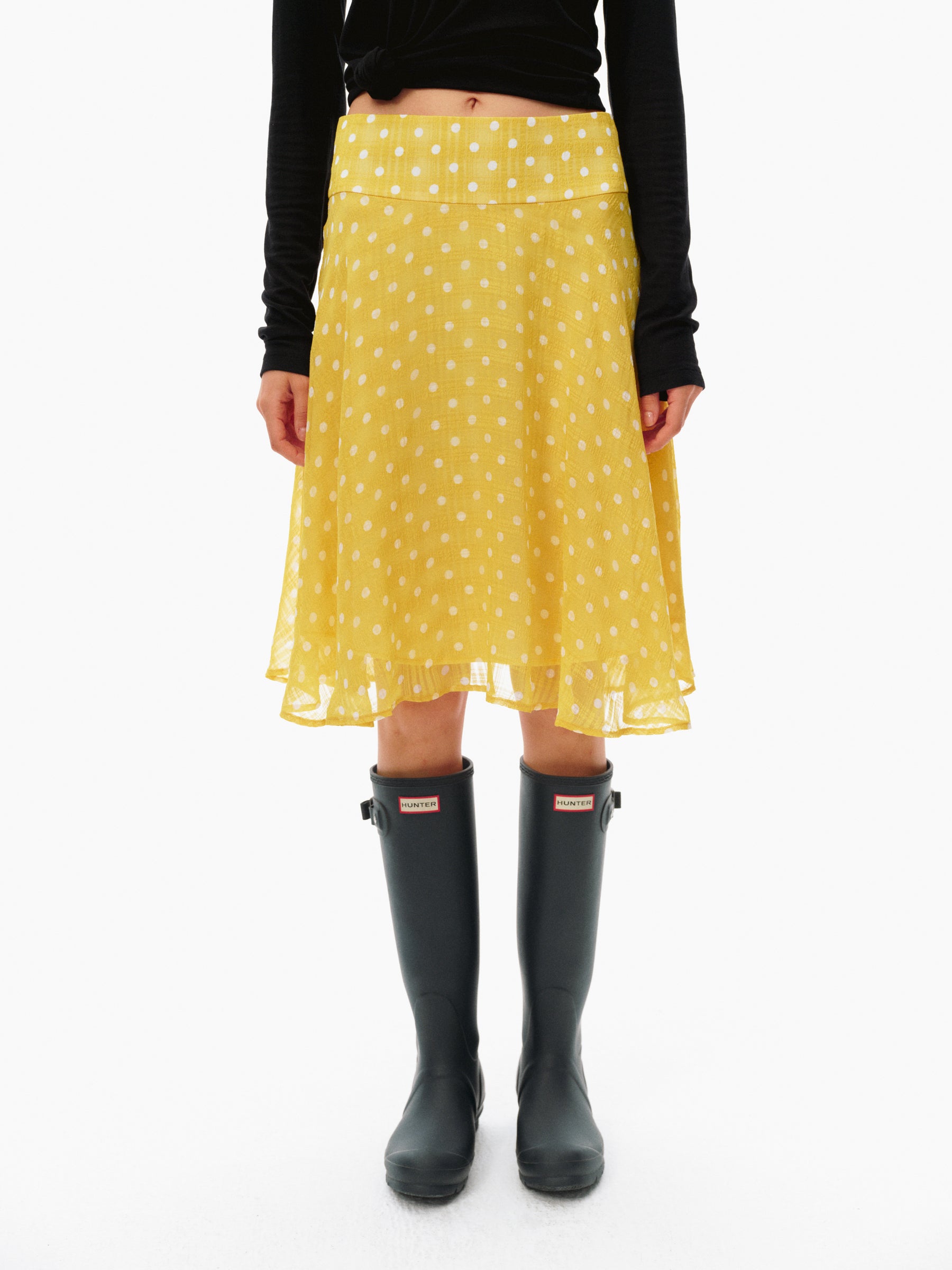 Polka Dot Print Flowy A-Line Midi Skirt yellow