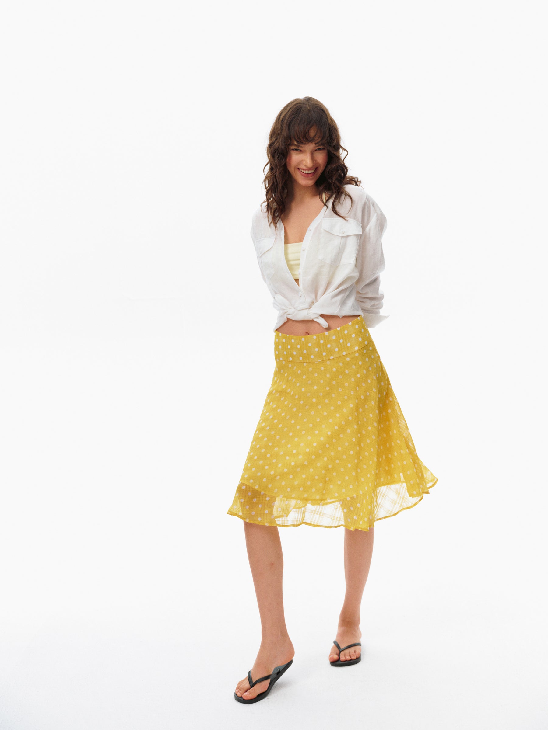 Polka Dot Print Flowy A-Line Midi Skirt yellow