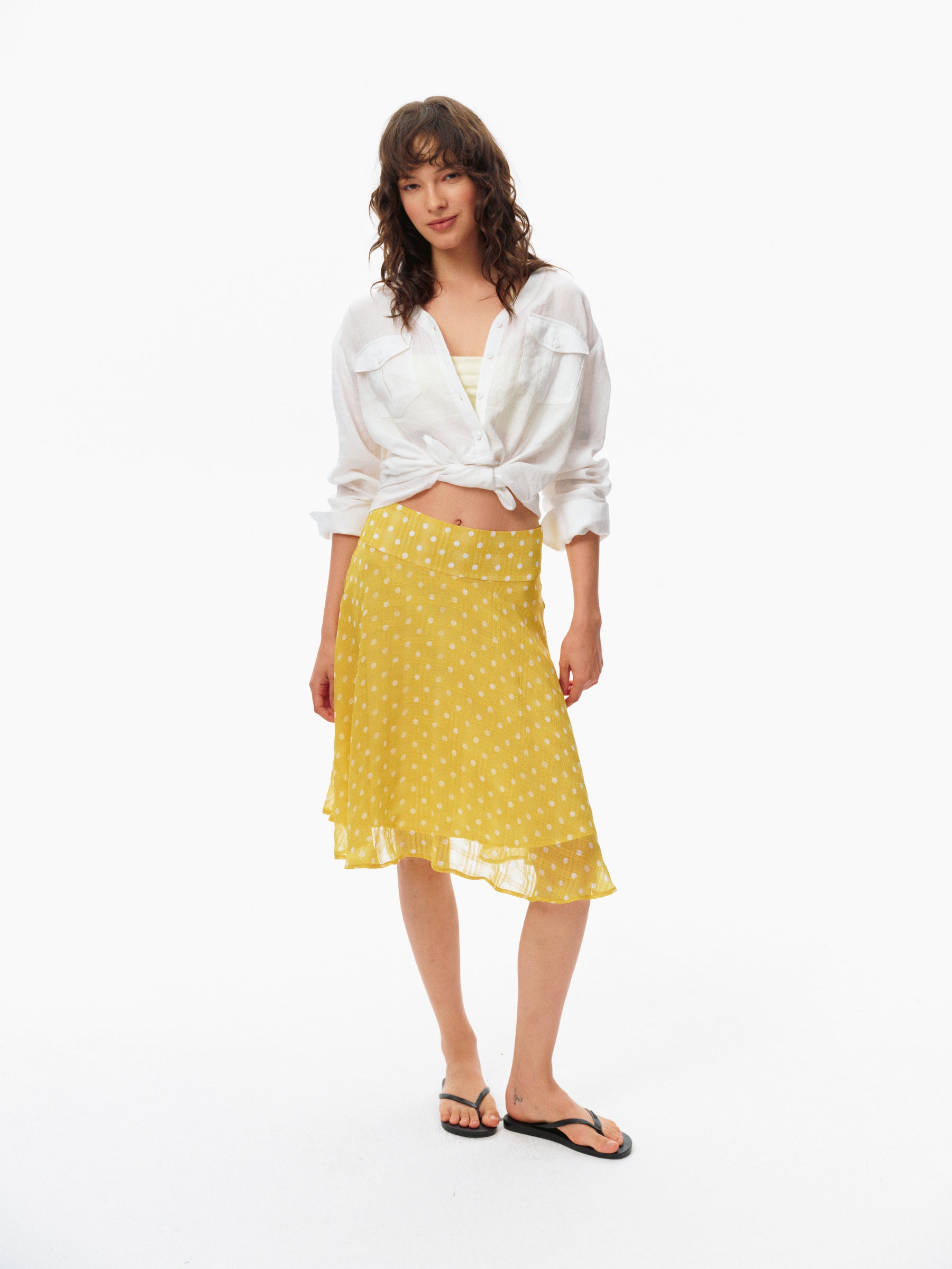 Polka Dot Print Flowy A-Line Midi Skirt yellow