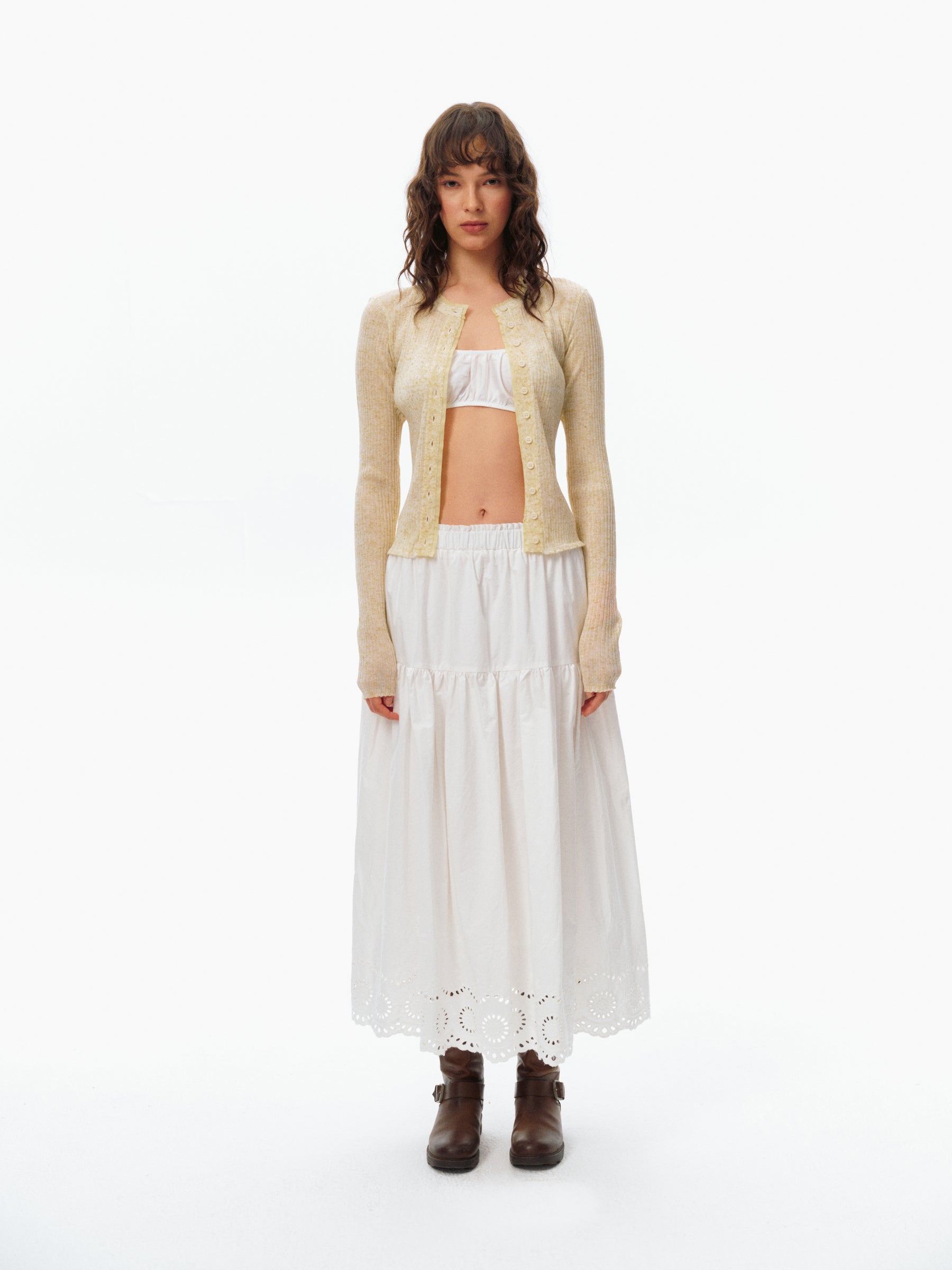 Linen Blend Sheer Knit Paneled Long-Sleeve Cardigan light yellow