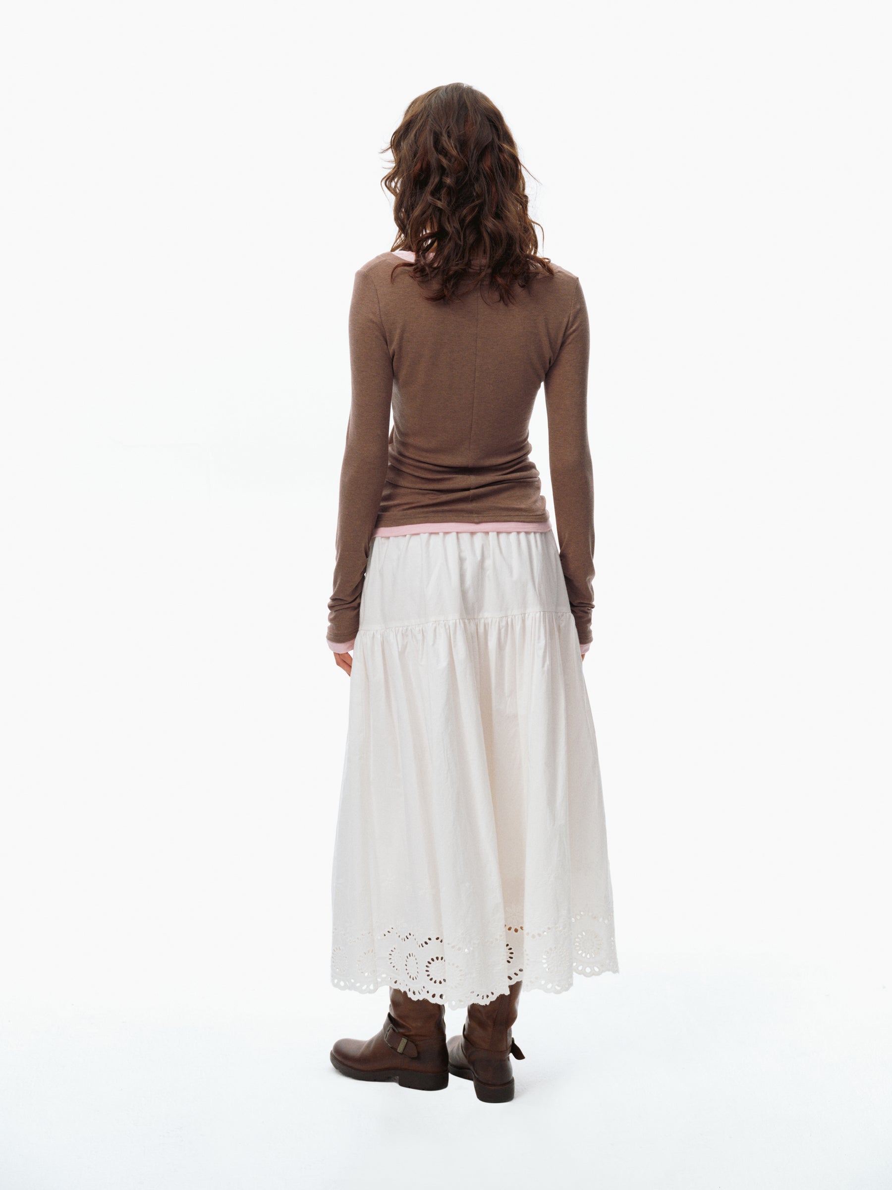 Wool Blend V-Neck Color-Block Fake Two-Piece Slim Fit Long-Sleeve Top dusty rose