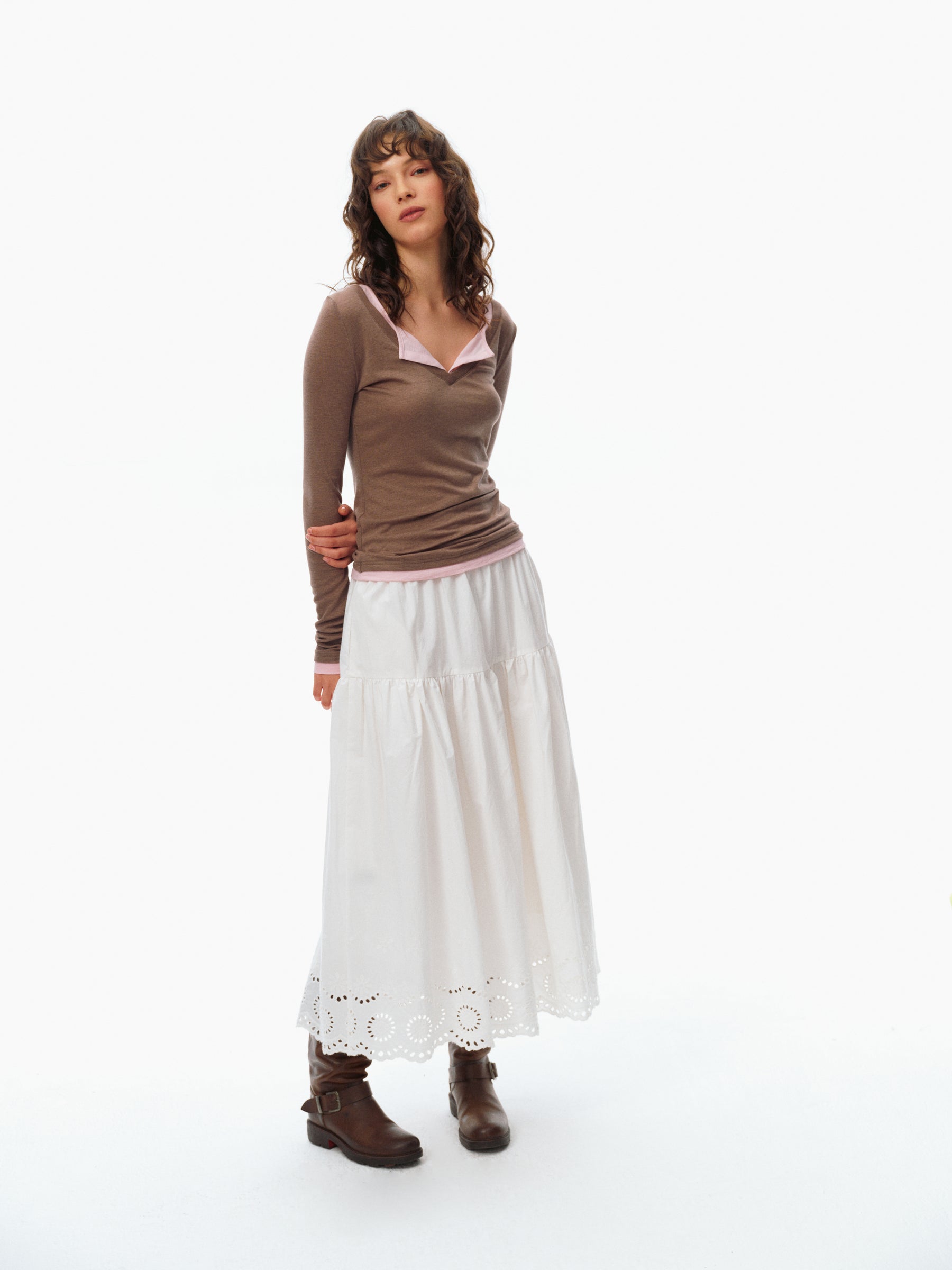 Wool Blend V-Neck Color-Block Fake Two-Piece Slim Fit Long-Sleeve Top dusty rose