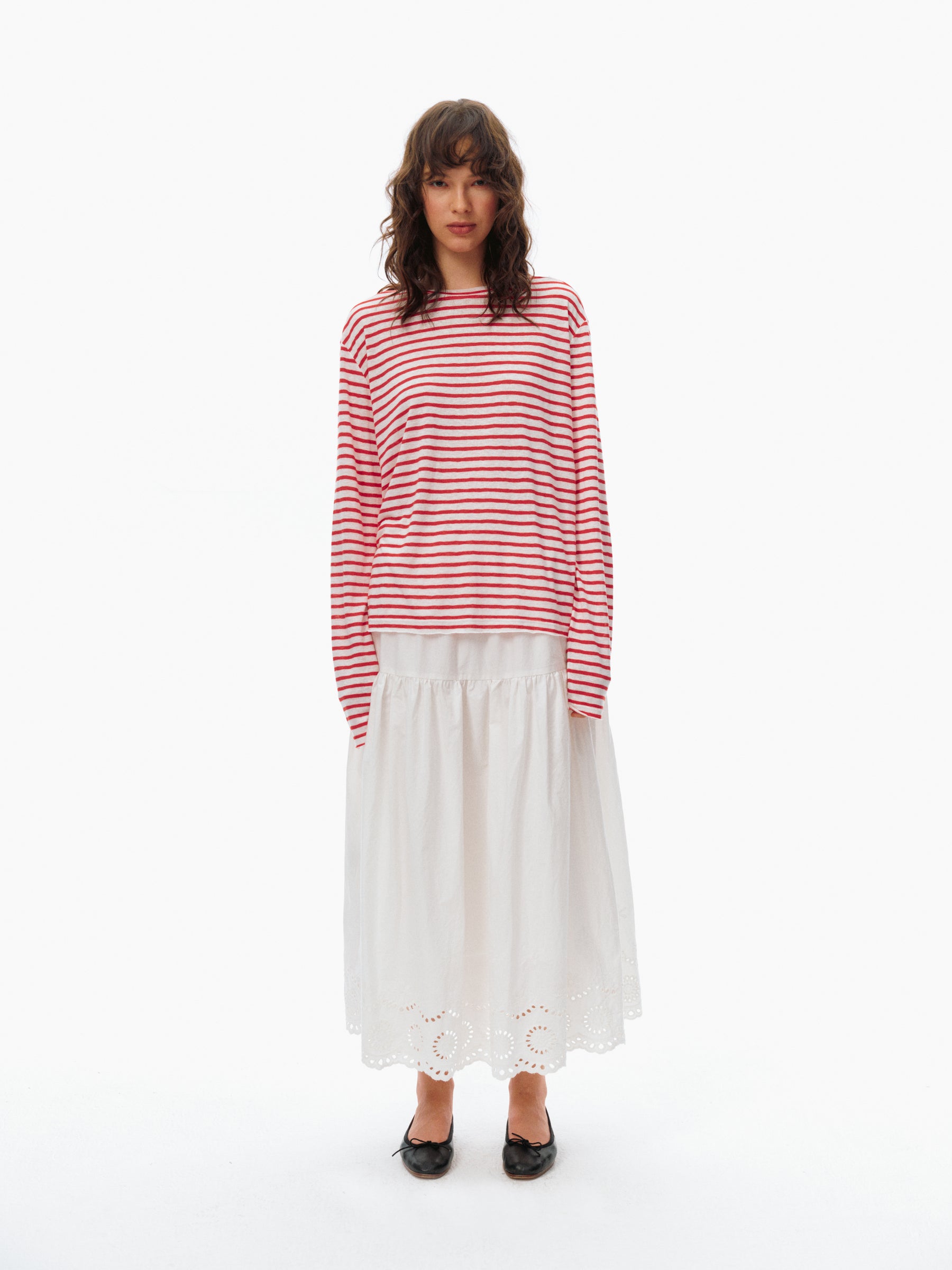 Striped Roll-Cuff Relaxed Fit Long-Sleeve T-Shirt red