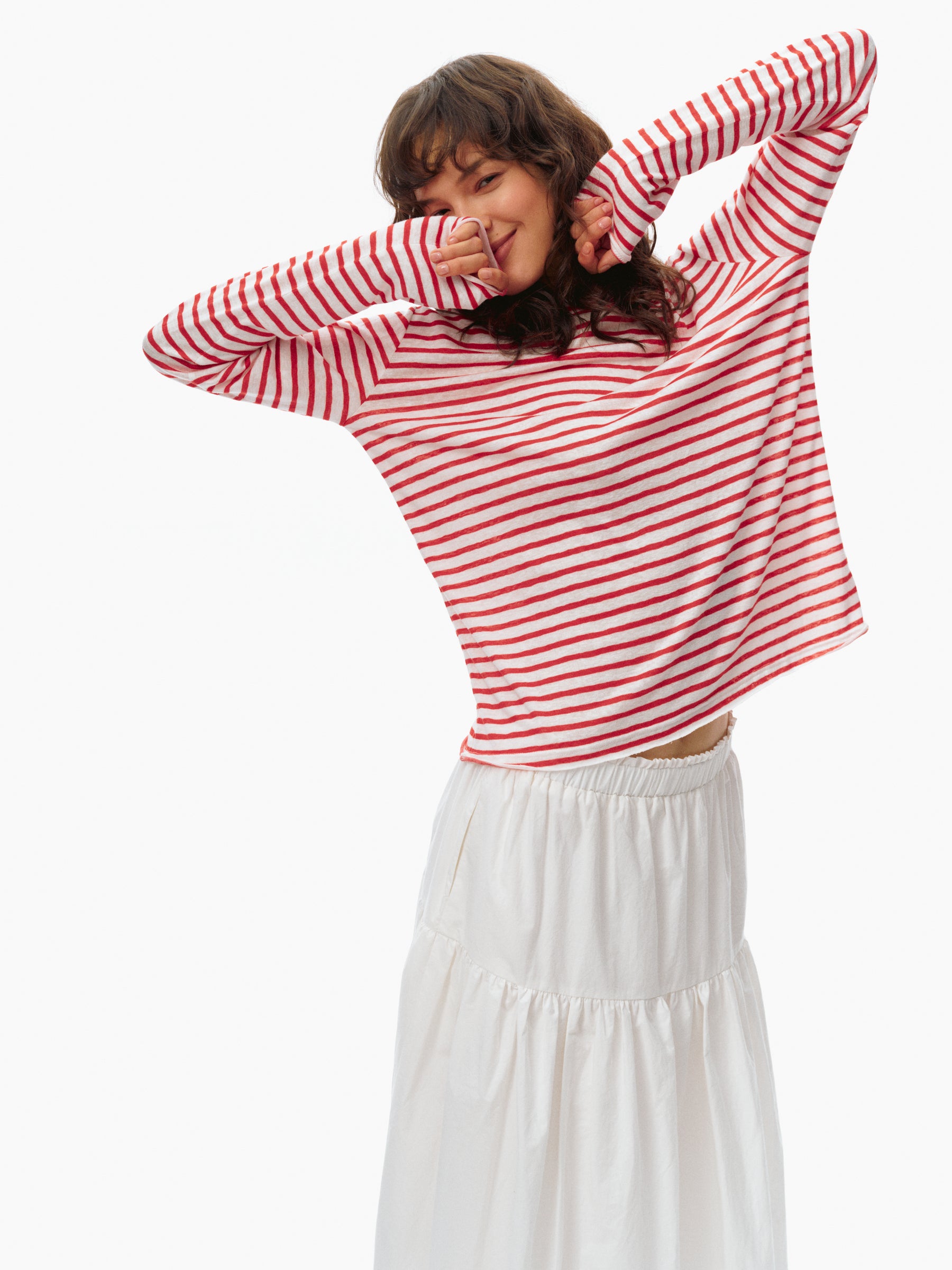 Striped Roll-Cuff Relaxed Fit Long-Sleeve T-Shirt red