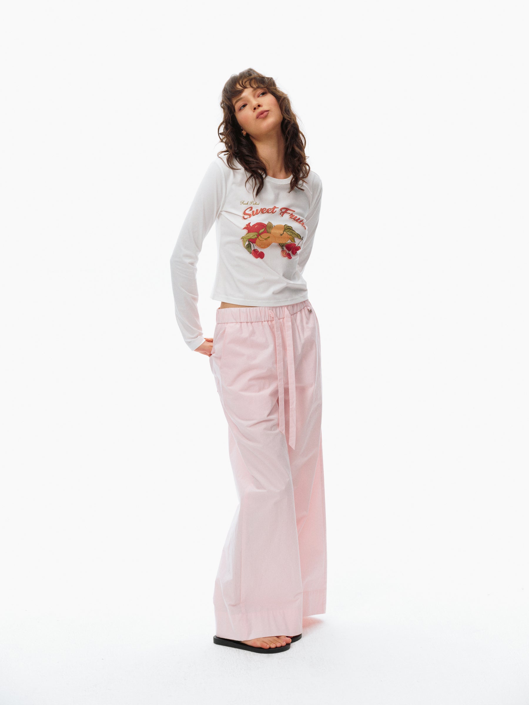 Vintage Hand-Painted Fruit Print Regular Sleeve Long-Sleeve T-Shirt