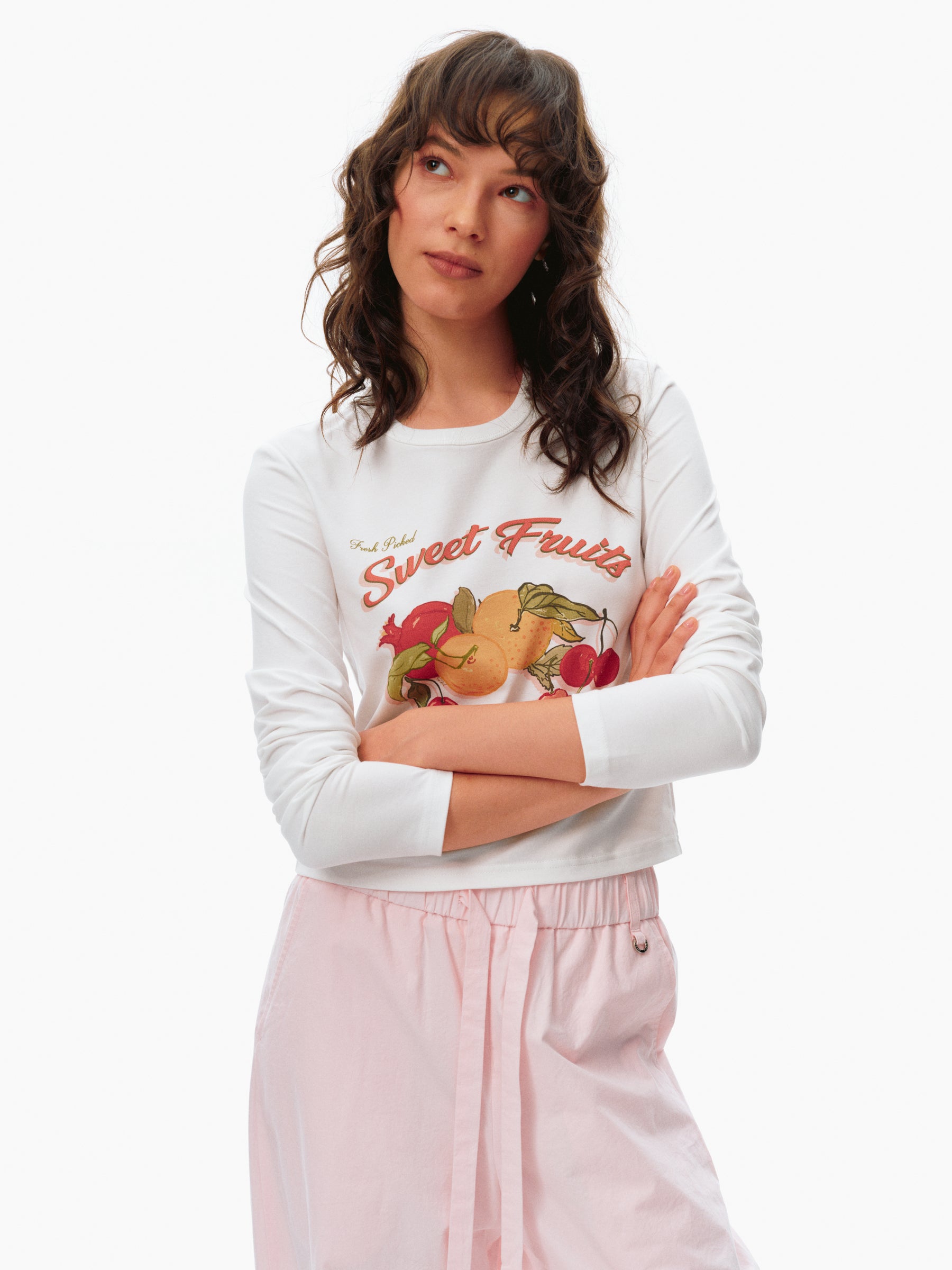 Vintage Hand-Painted Fruit Print Regular Sleeve Long-Sleeve T-Shirt