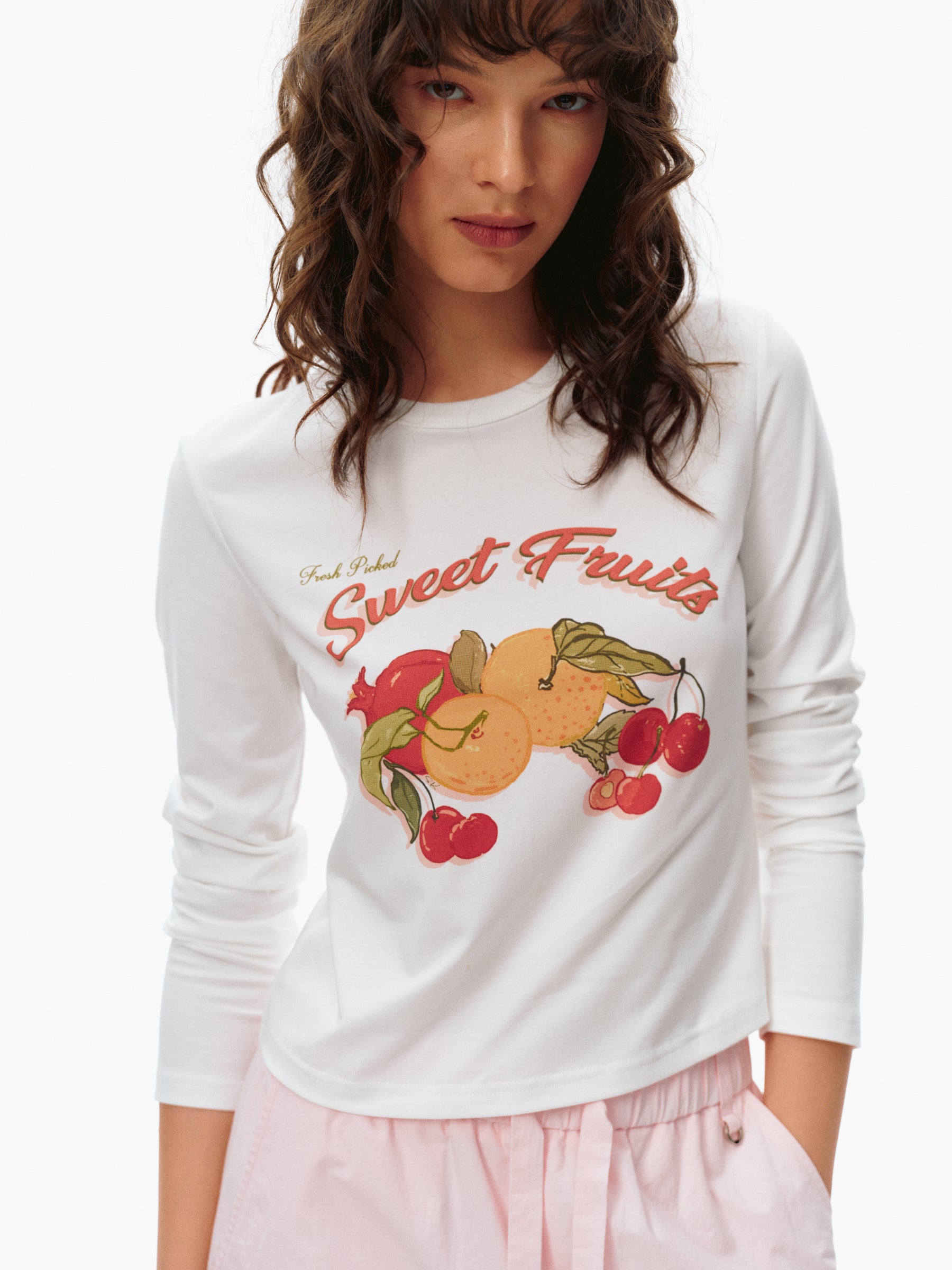 Vintage Hand-Painted Fruit Print Regular Sleeve Long-Sleeve T-Shirt