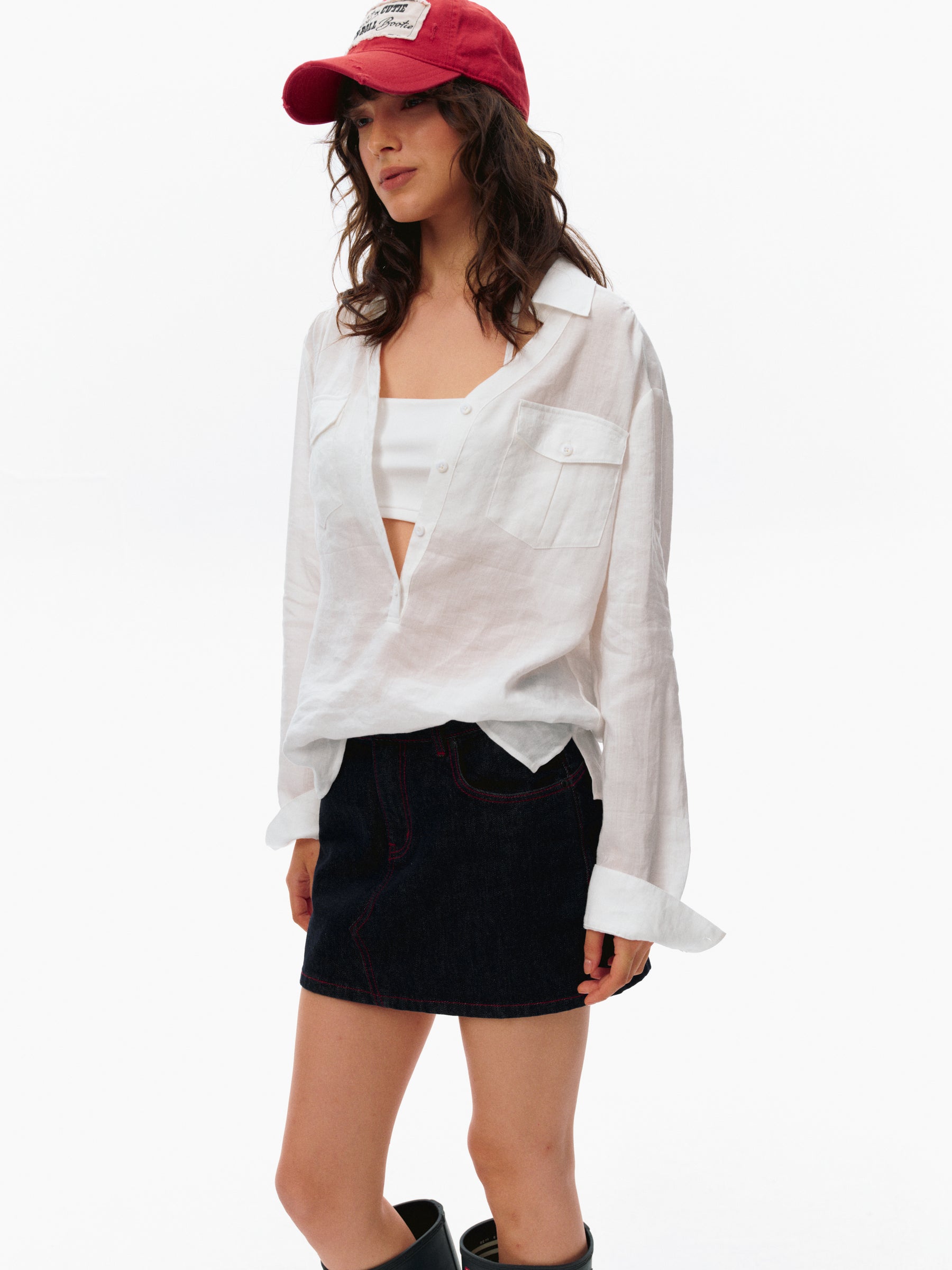 Ramie Half-Placket Oversized Drop Shoulder Long-Sleeve Shirt white