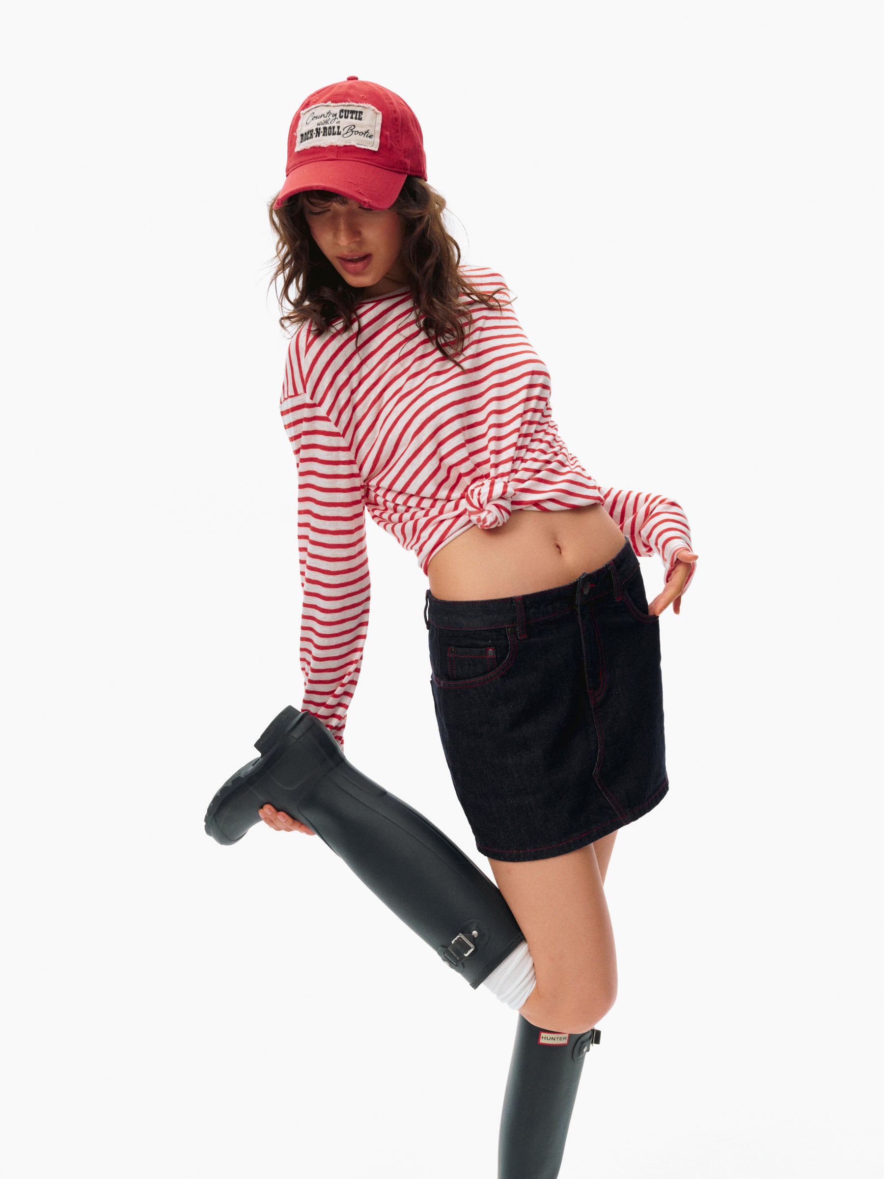 Striped Roll-Cuff Relaxed Fit Long-Sleeve T-Shirt red