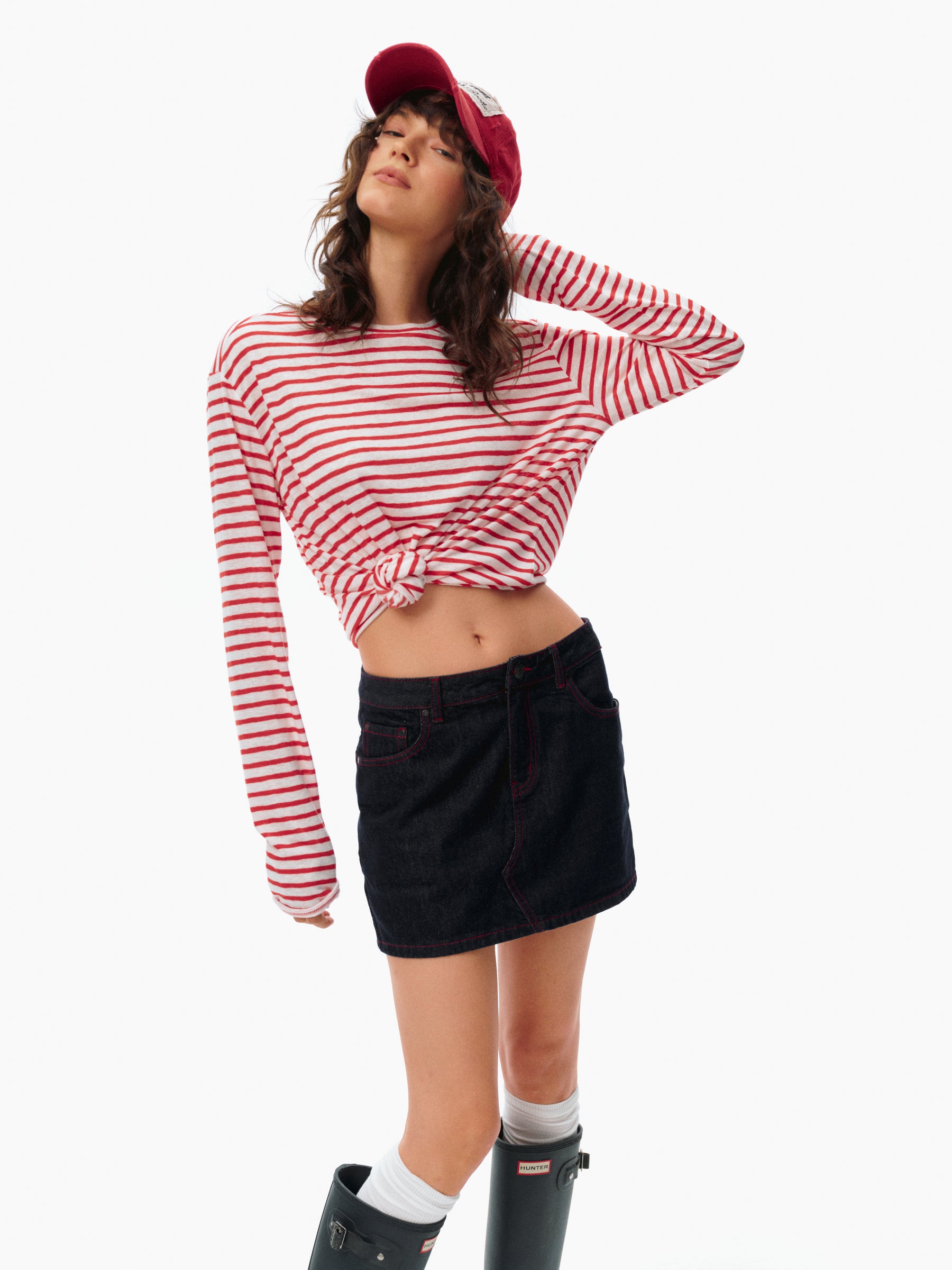 Striped Roll-Cuff Relaxed Fit Long-Sleeve T-Shirt red