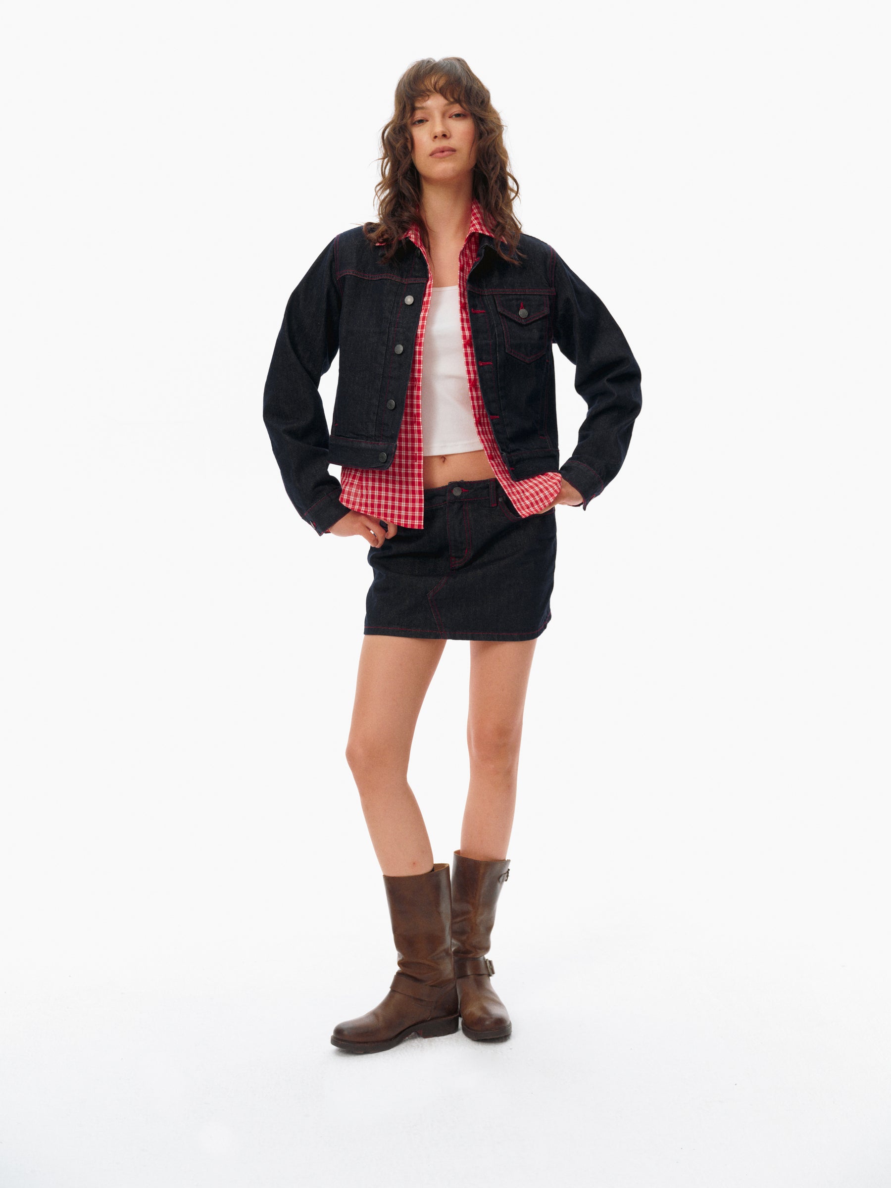 Red Stitching Structured Cropped Denim Jacket deep blue