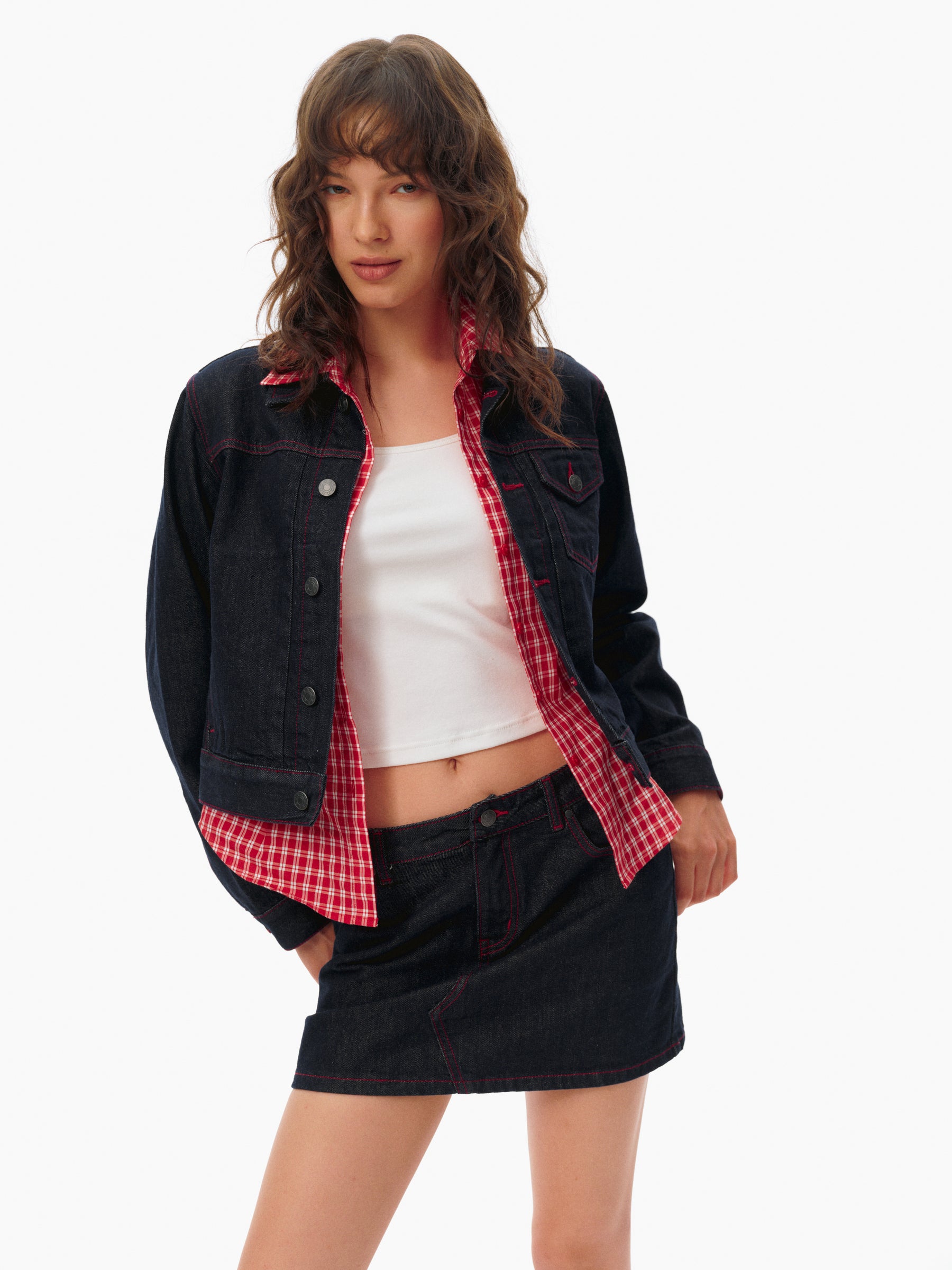 Red Stitching Structured Cropped Denim Jacket deep blue