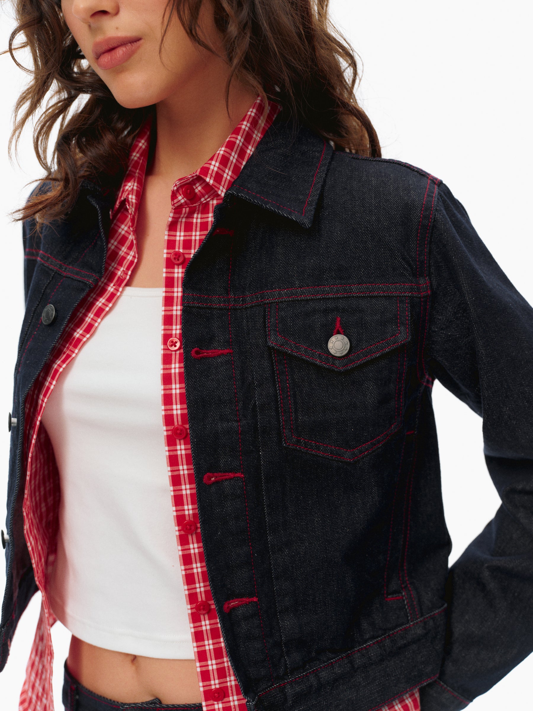 Red Stitching Structured Cropped Denim Jacket deep blue